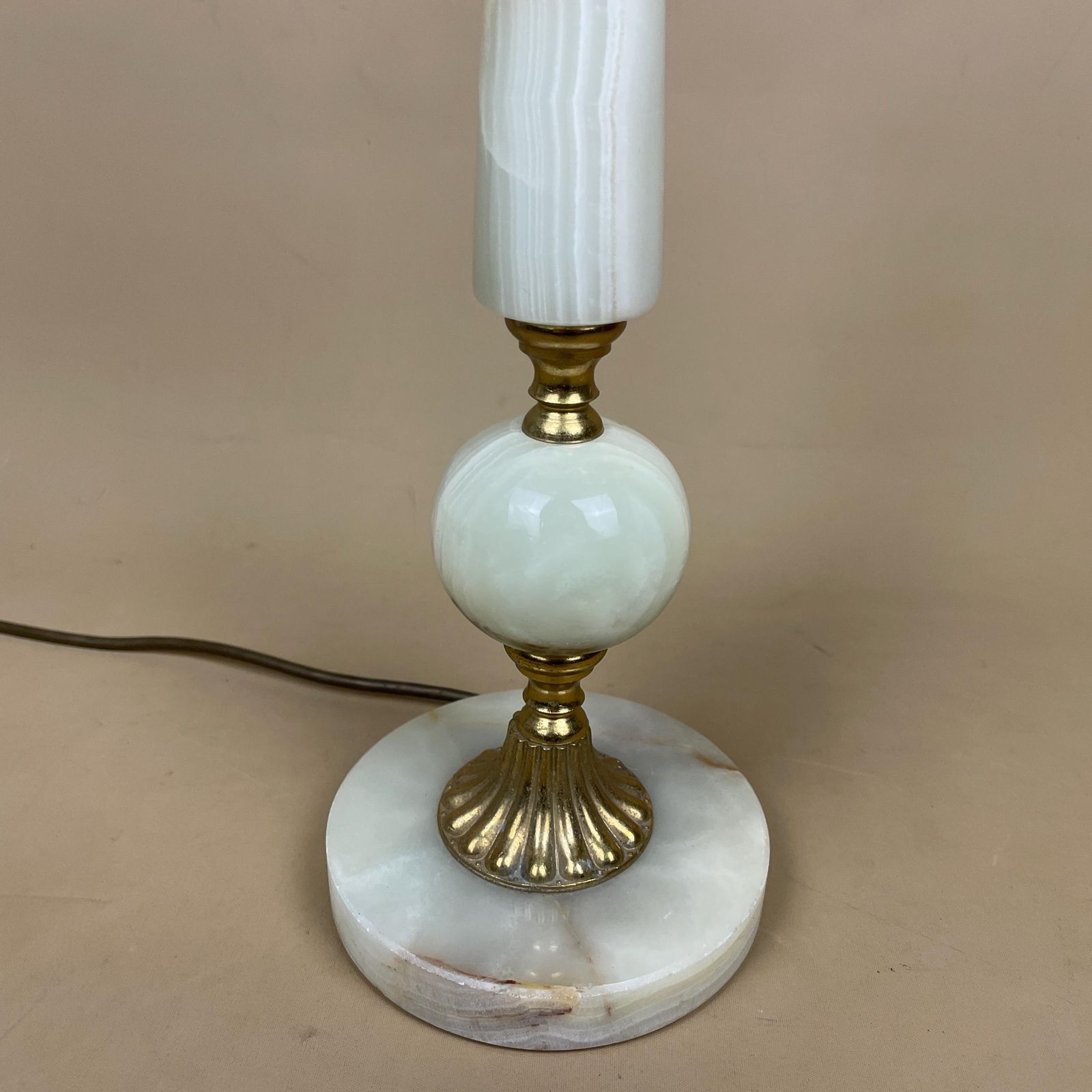 Antique Onyx Marble Lamp Light Brass Gold Metal Green Bedside Side Table Column Marbled Patterned Vintage Pattern Stone Ornate Round Base photo furniture