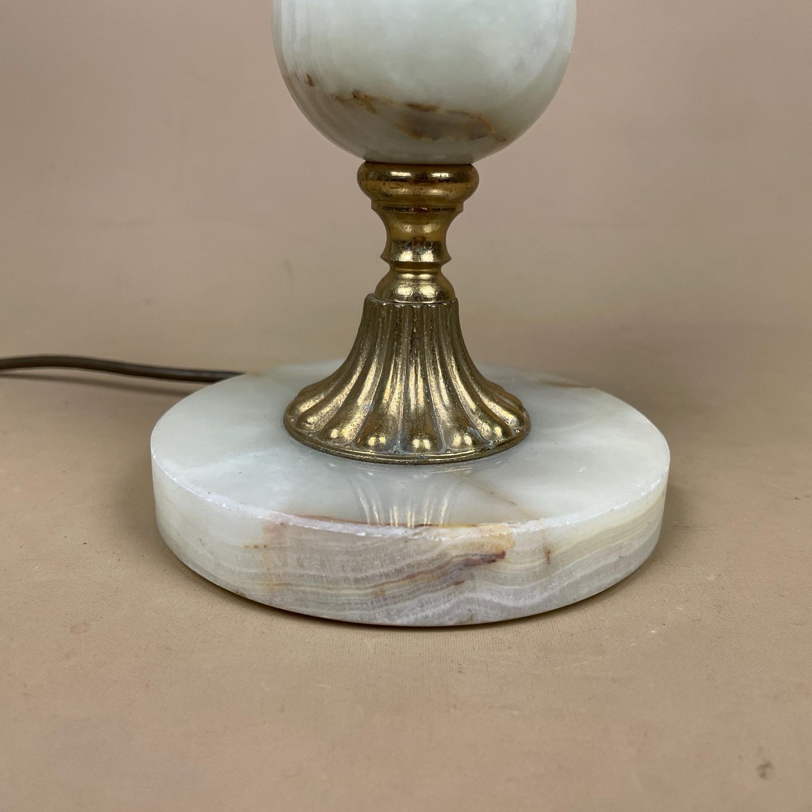 Antique Onyx Marble Lamp Light Brass Gold Metal Green Bedside Side Table Column Marbled Patterned Vintage Pattern Stone Ornate Round Base photo for sale