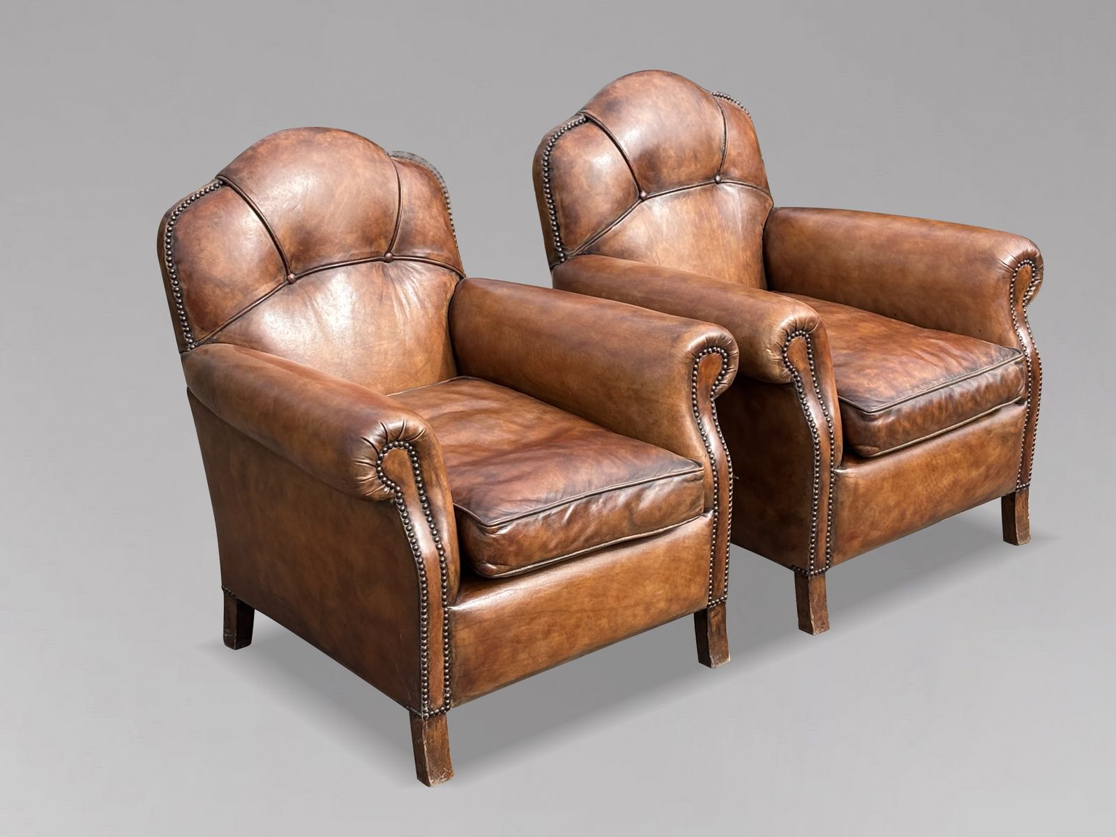 Pair Of Mid 20th Century French Brown Leather Club Armchairs photo furniture