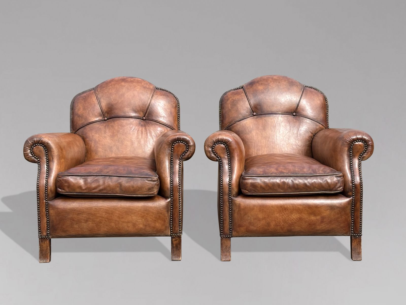 Pair Of Mid 20th Century French Brown Leather Club Armchairs photo Furniture