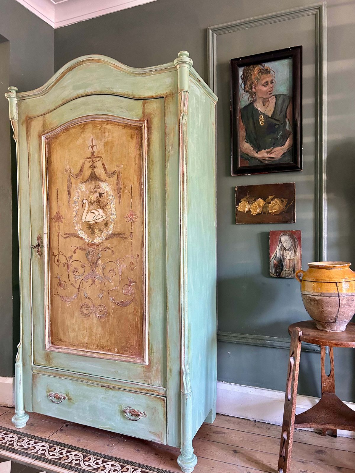 Vintage Painted Pine Armoire With Swan And Daisy Chinoiserie. photo buy