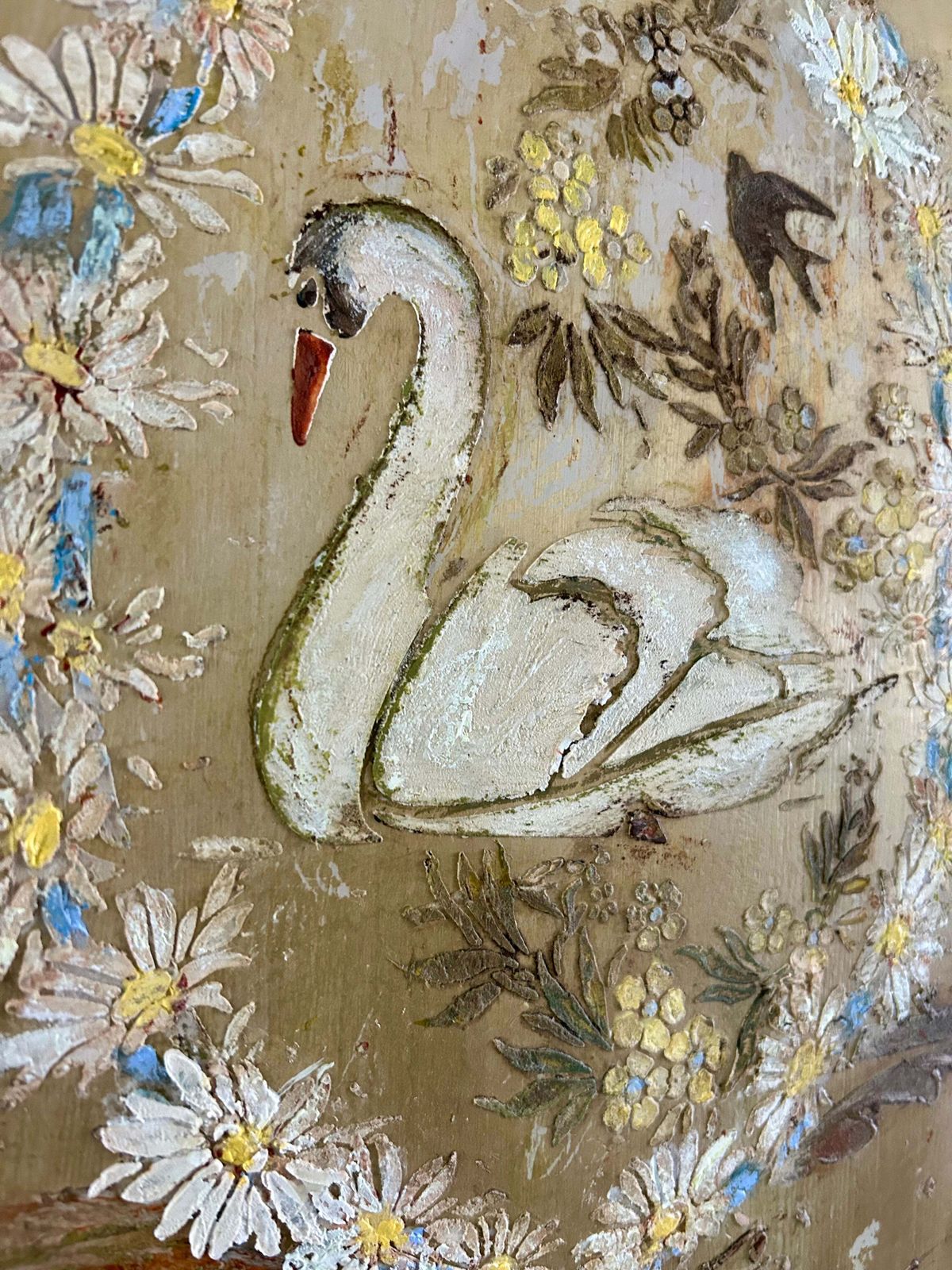 Vintage Painted Pine Armoire With Swan And Daisy Chinoiserie. photo vintage