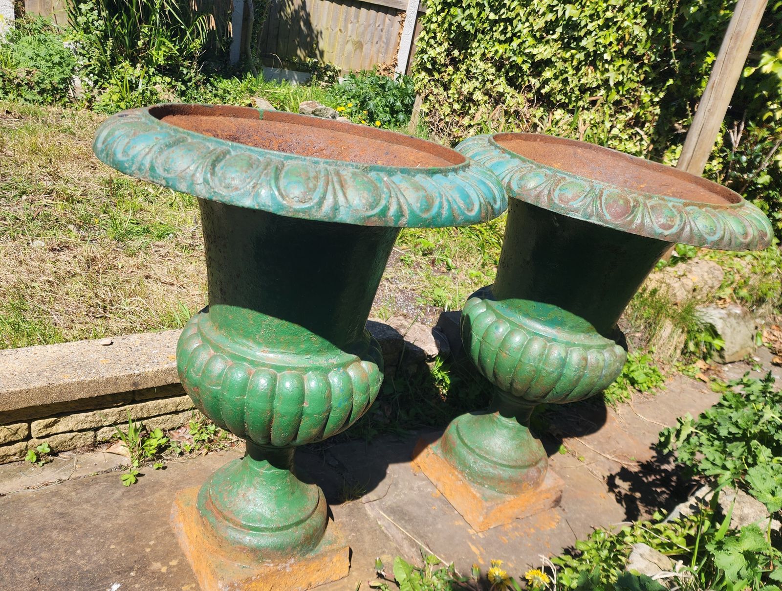 A Pair Of Heavy Antique Cast Iron Garden Urns, Planters