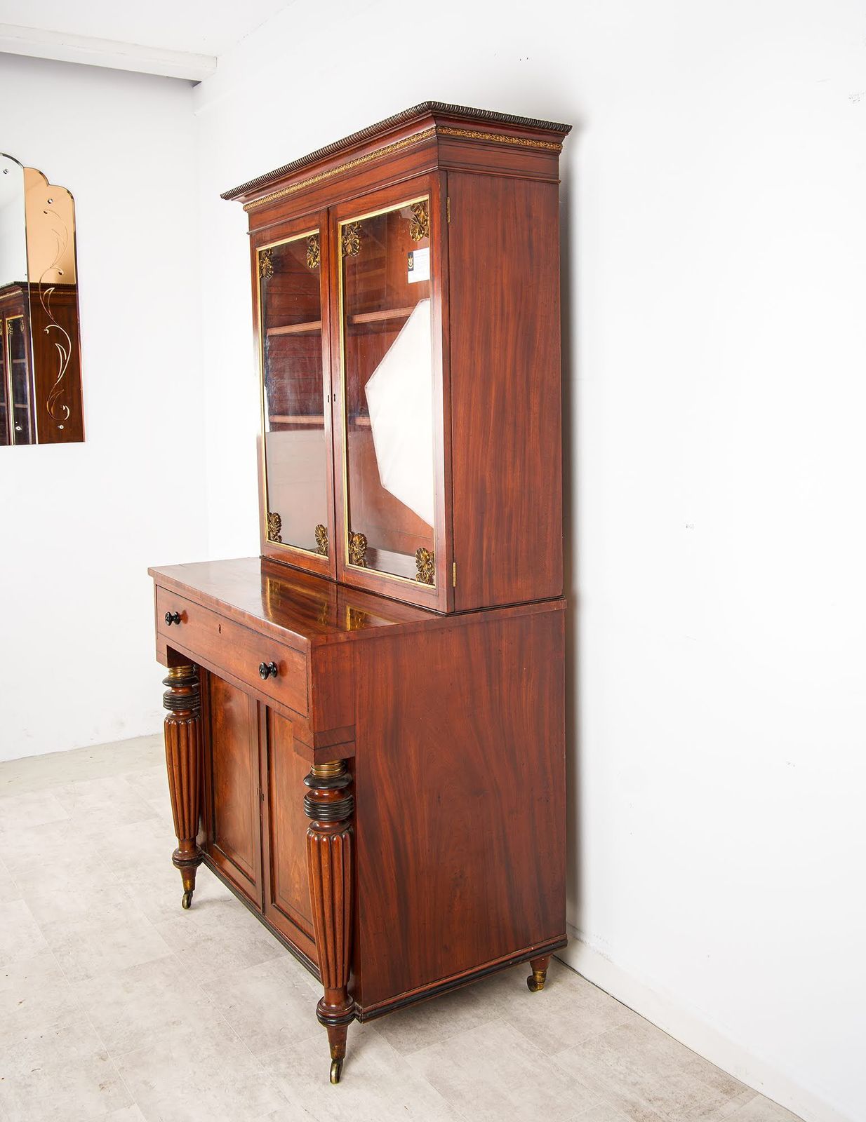 Regency Mahogany Glazed Bookcase With Brass Anthemion Mounts & Ebonised Columns, C.1815 photo vinterior