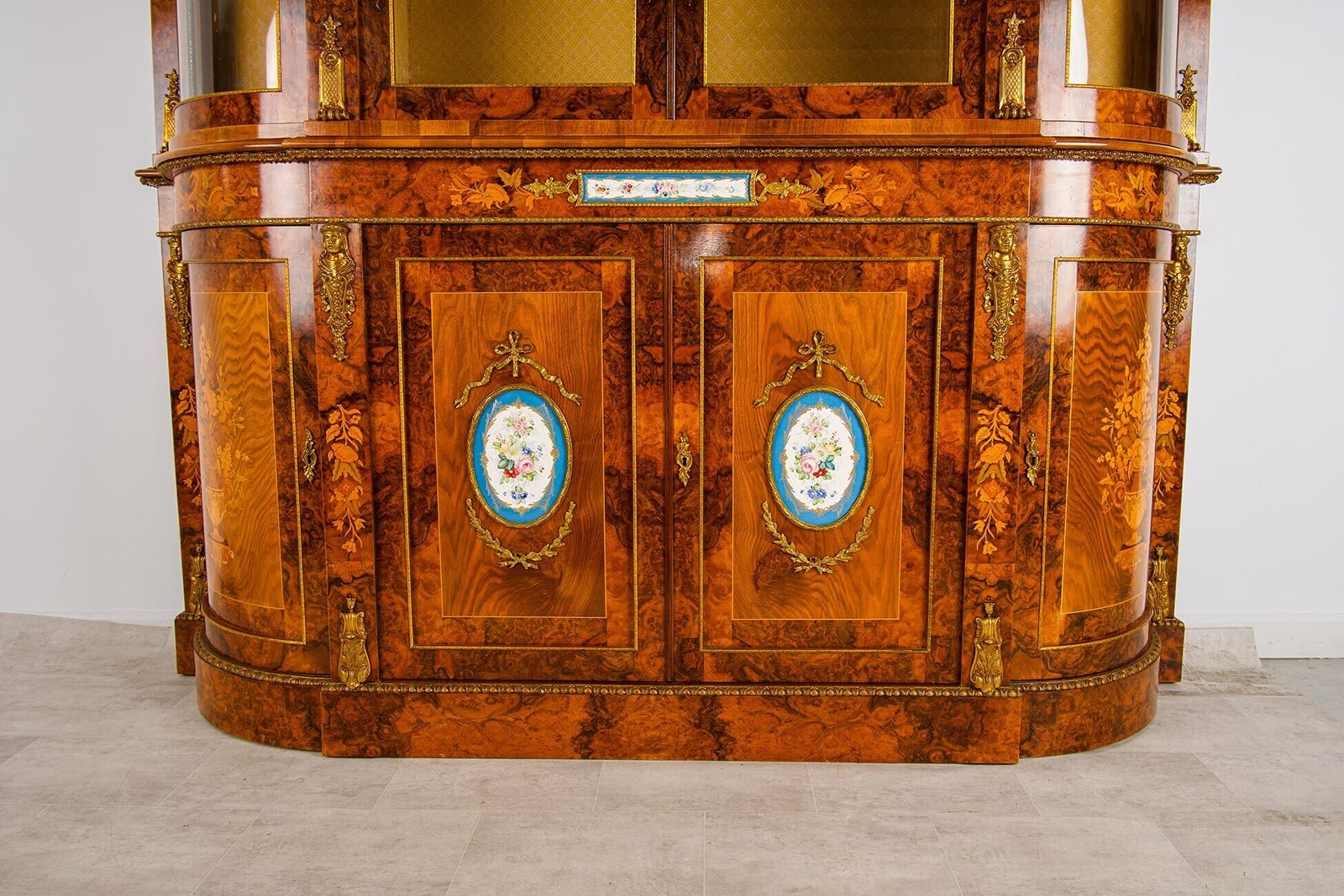 Large Burr Walnut Marquetry Display Cabinet Credenza With Sèvres Porcelain Plaques & Ormolu Mounts, 204cm photo for sale