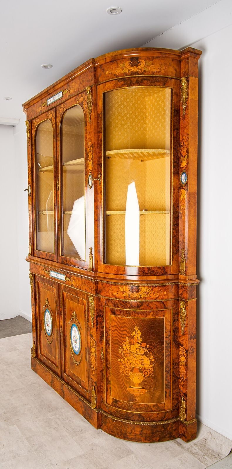 Large Burr Walnut Marquetry Display Cabinet Credenza With Sèvres Porcelain Plaques & Ormolu Mounts, 204cm photo vinterior
