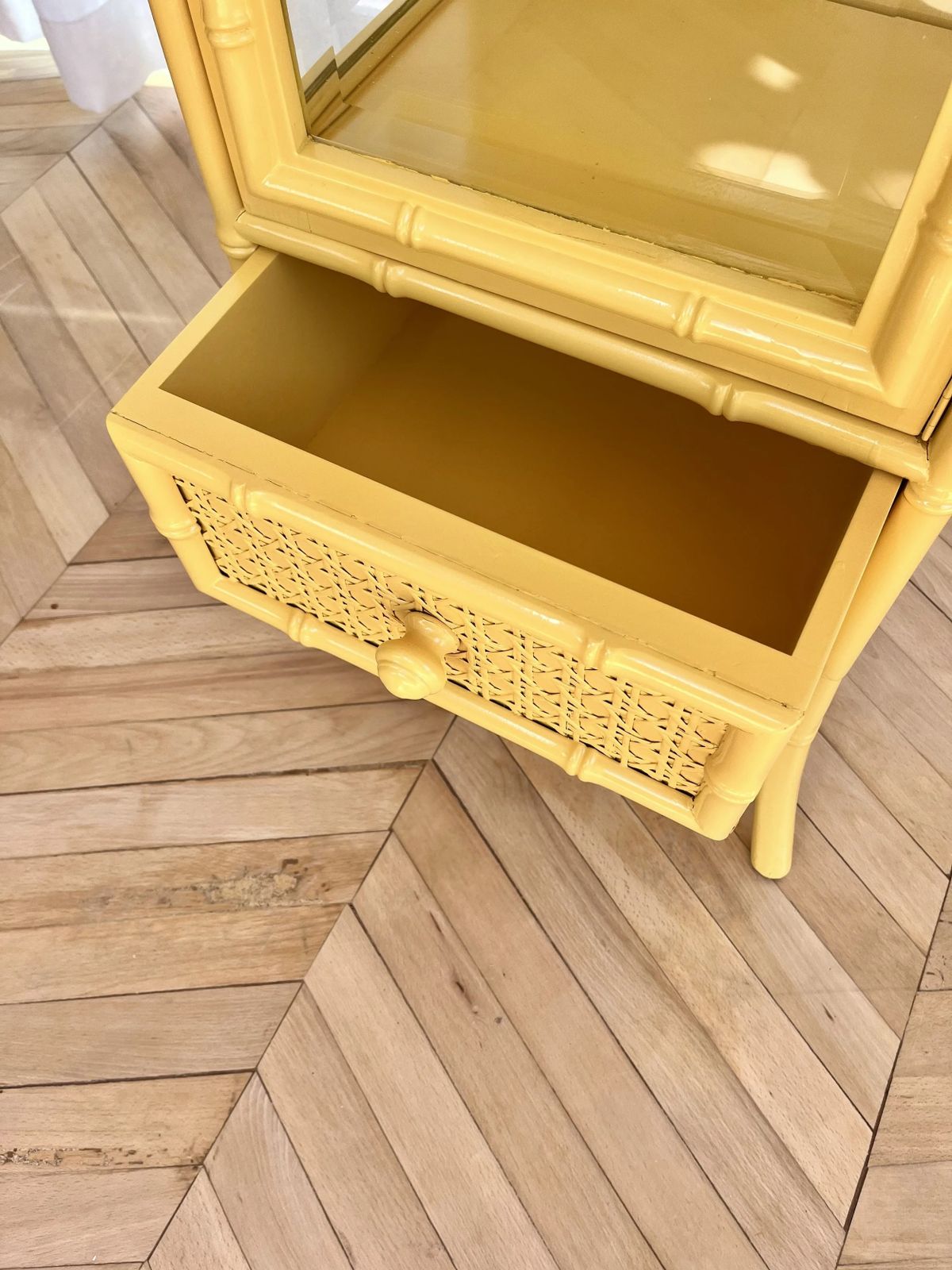 Yellow Lacquered Tall Faux Bamboo Glass Display Cabinet photo vinterior