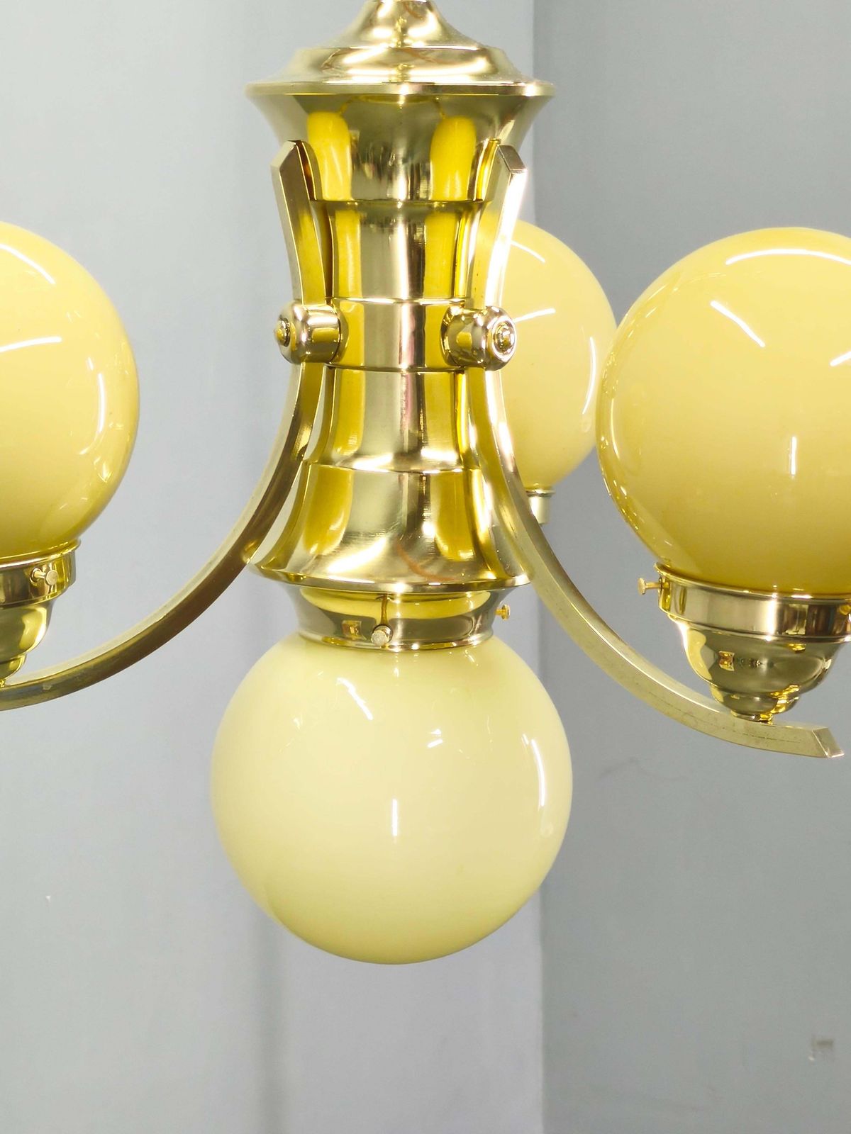 Art Deco Brass And Opaline Glass Chandelier, 1930s photo vinterior