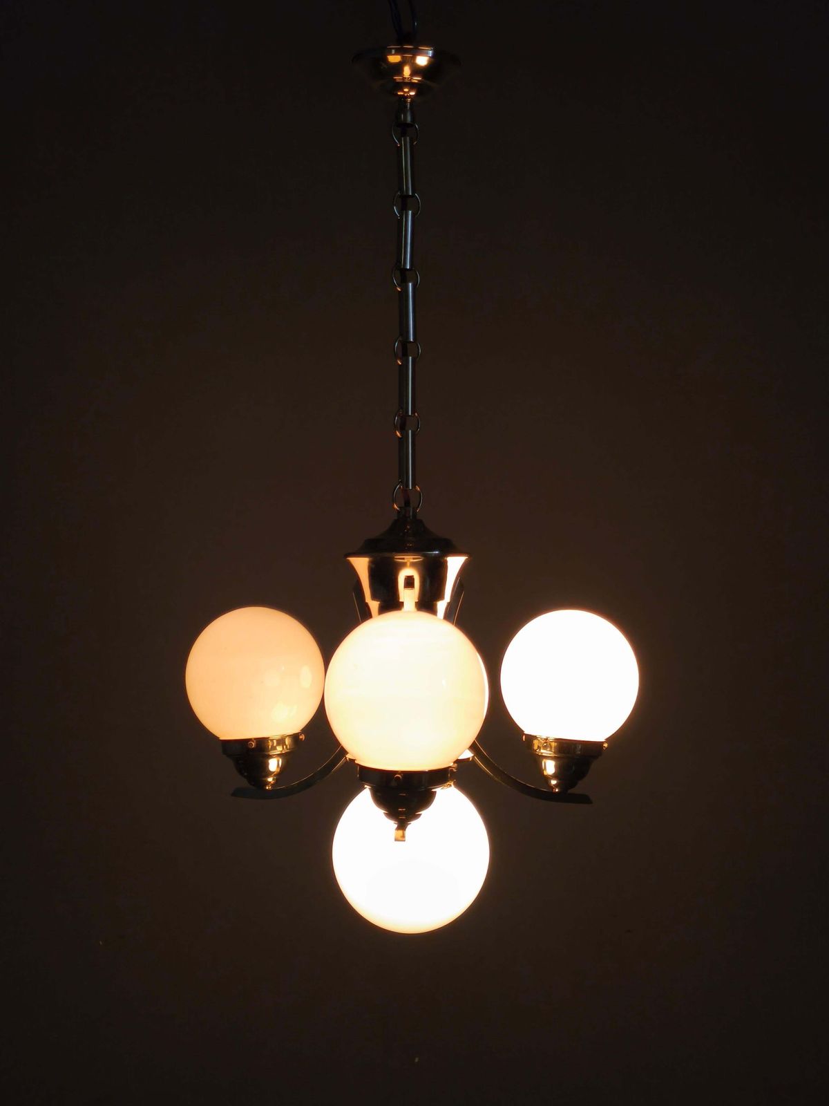 1315.0 Art Deco Brass And Opaline Glass Chandelier, 1930s photo
