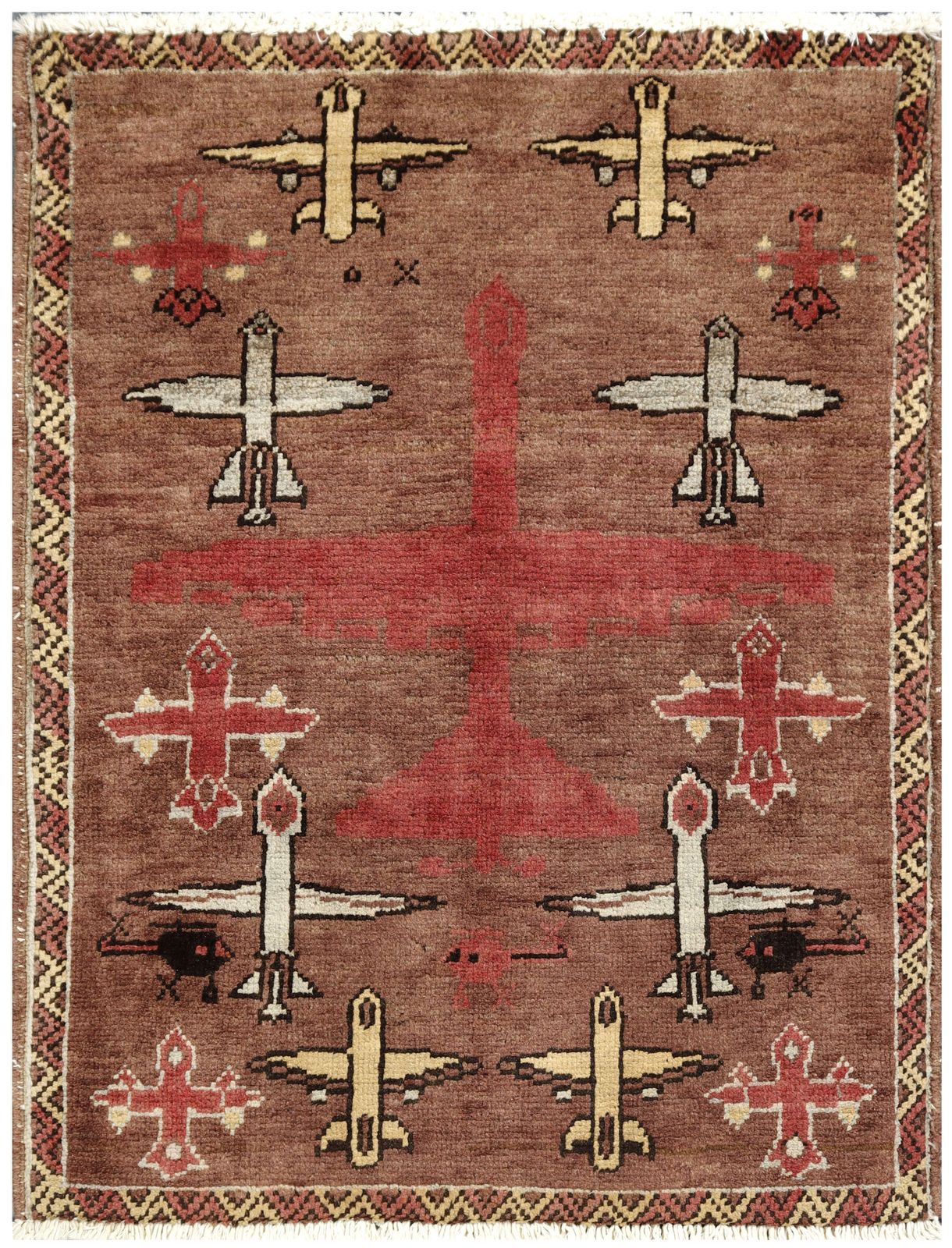 Brown Afghan War Hand Knotted Airplane Helicopter Small Rug