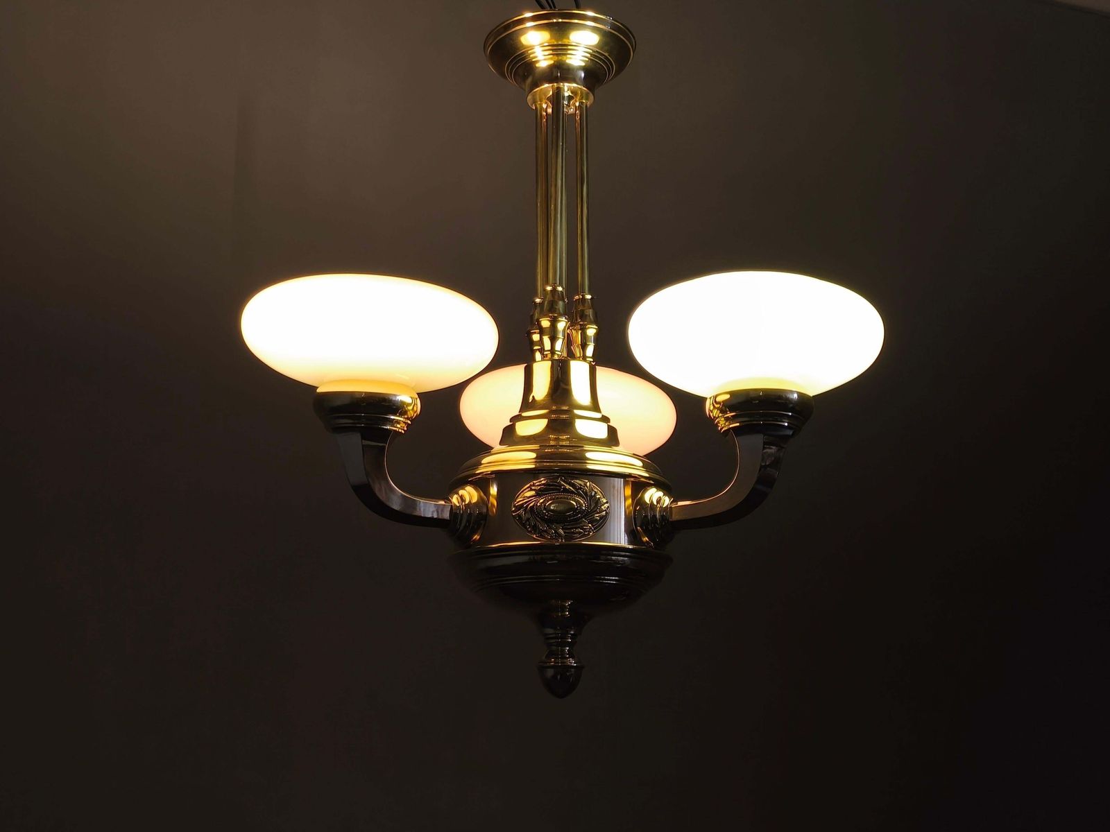 3362.0 Neoclassical Art Deco Brass Chandelier, Czechoslovakia, 1930s photo
