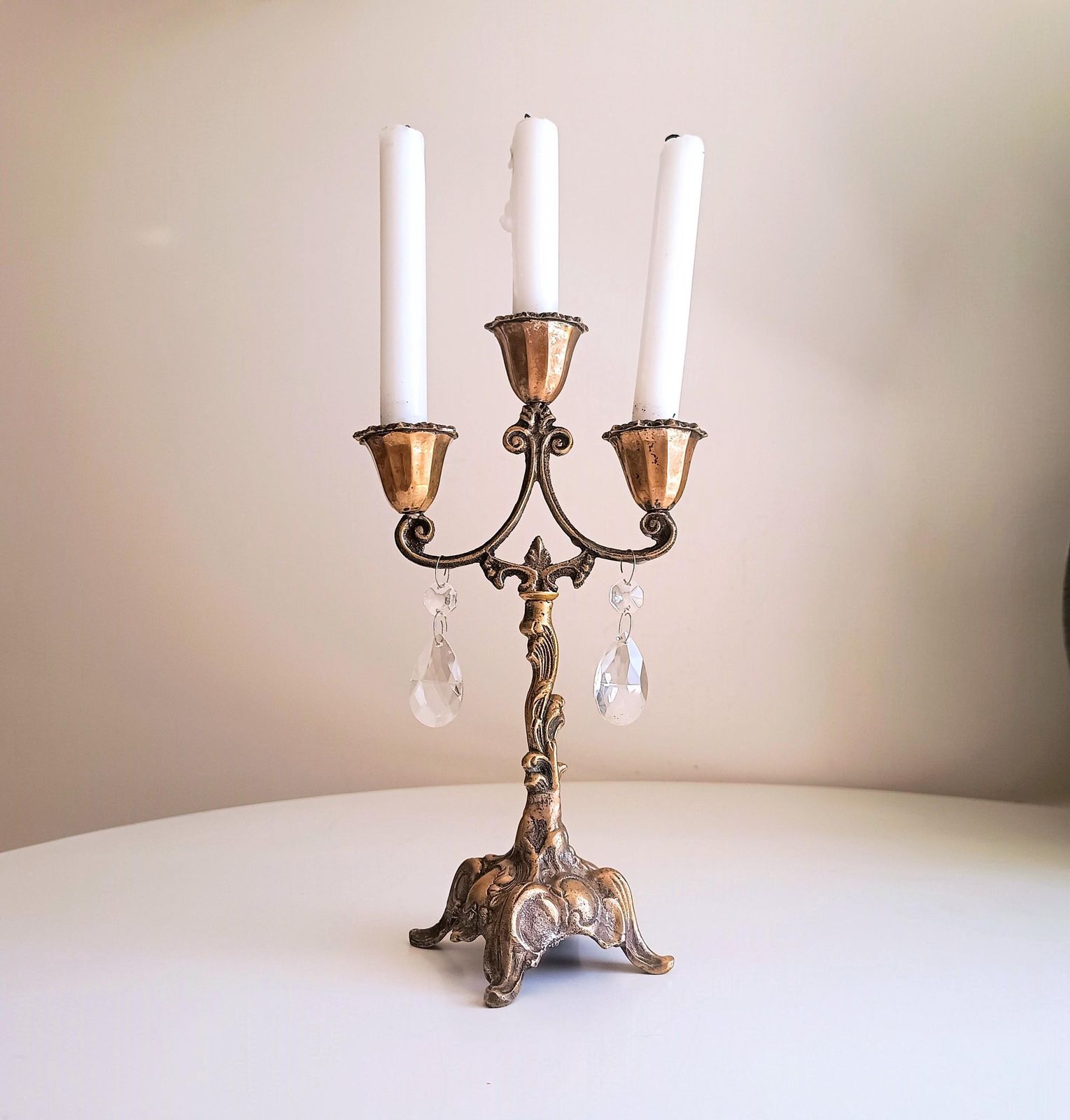 Vintage Art Nouveau 3 Arm Brass Candelabra, Romantic Crystal Prisms, France 1900s photo buy