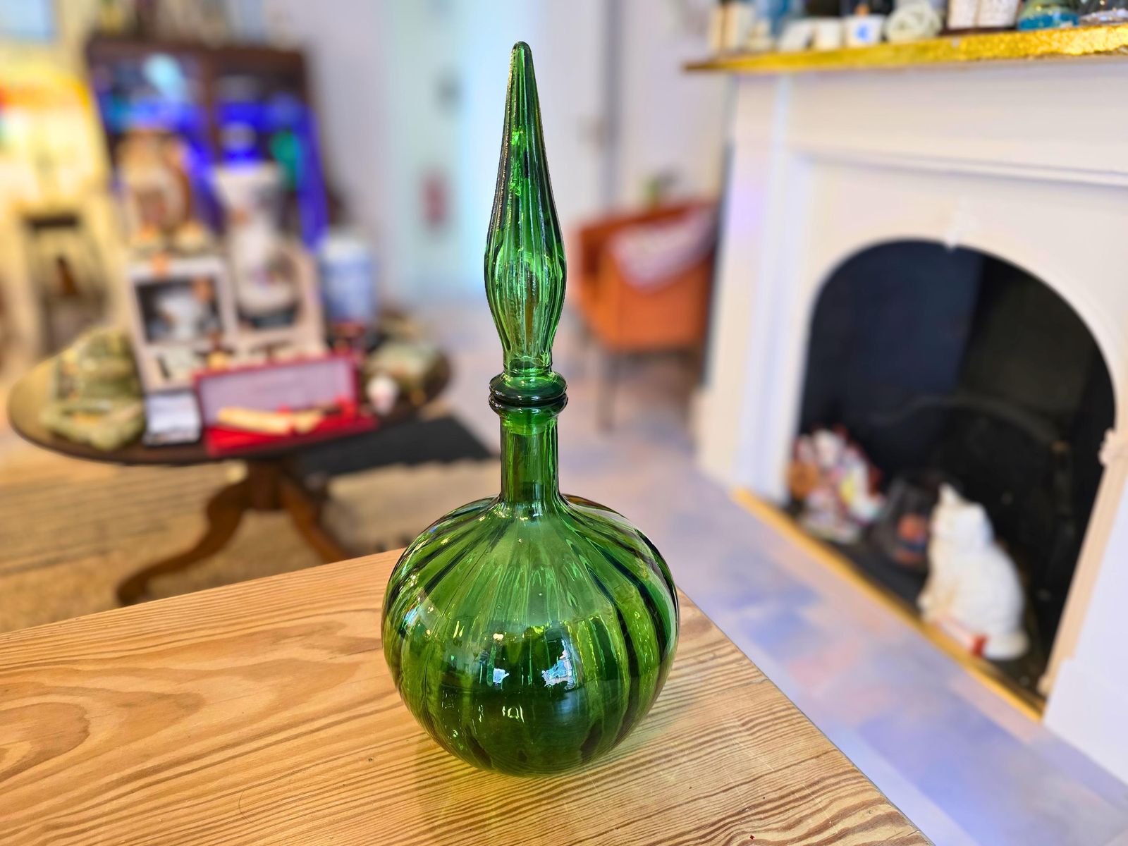Vintage Green Glass Onion Genie Bottle   Italian Empoli With Vertical Lines