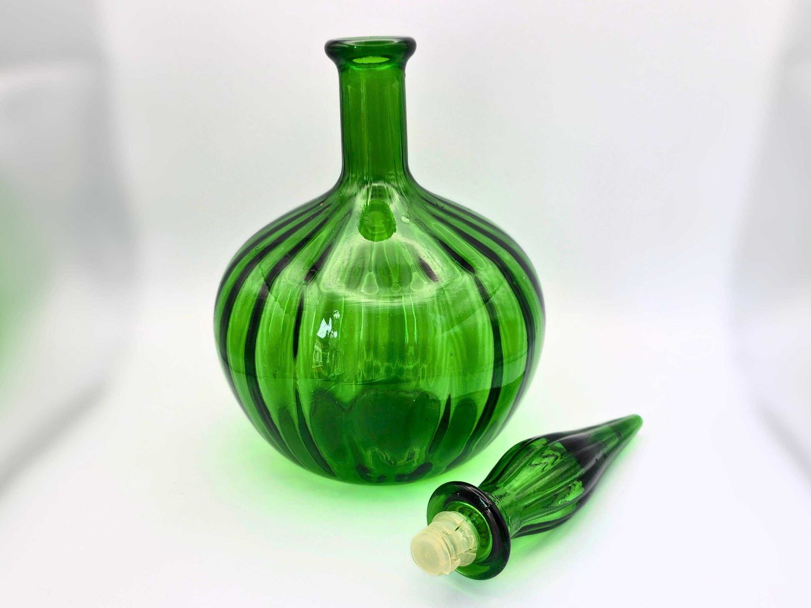 Vintage Green Glass Onion Genie Bottle   Italian Empoli With Vertical Lines photo furniture