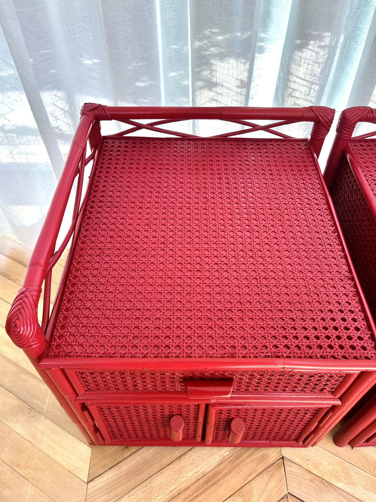 Pair Of Red Lacquered, Bamboo And Cane Bedside Cabinets photo vinterior