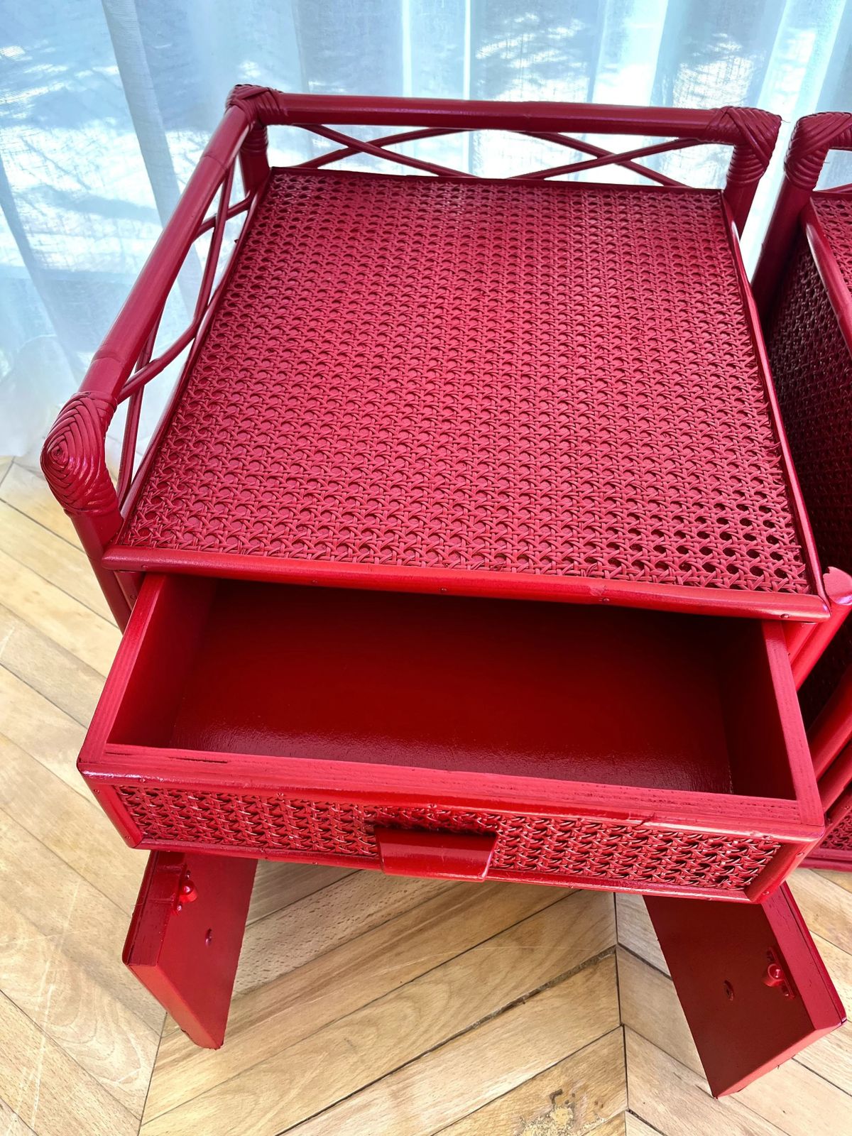 photo furniture Pair Of Red Lacquered, Bamboo And Cane Bedside Cabinets
