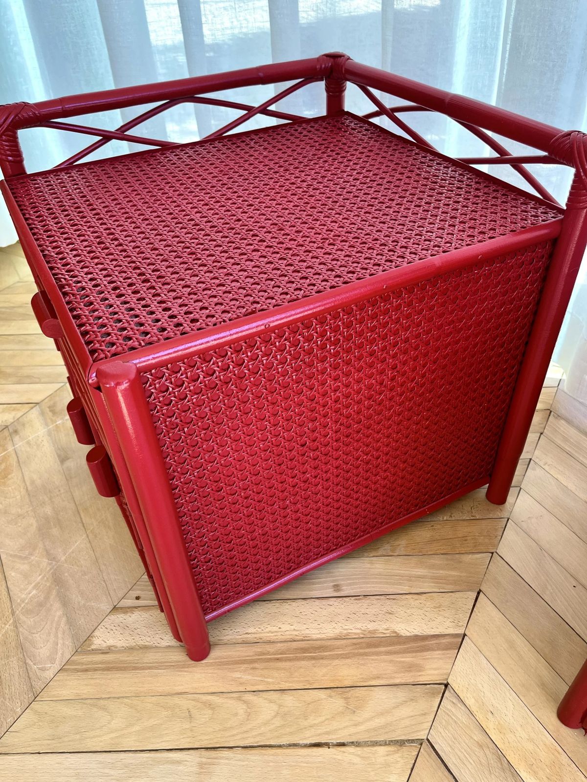 photo for sale Pair Of Red Lacquered, Bamboo And Cane Bedside Cabinets