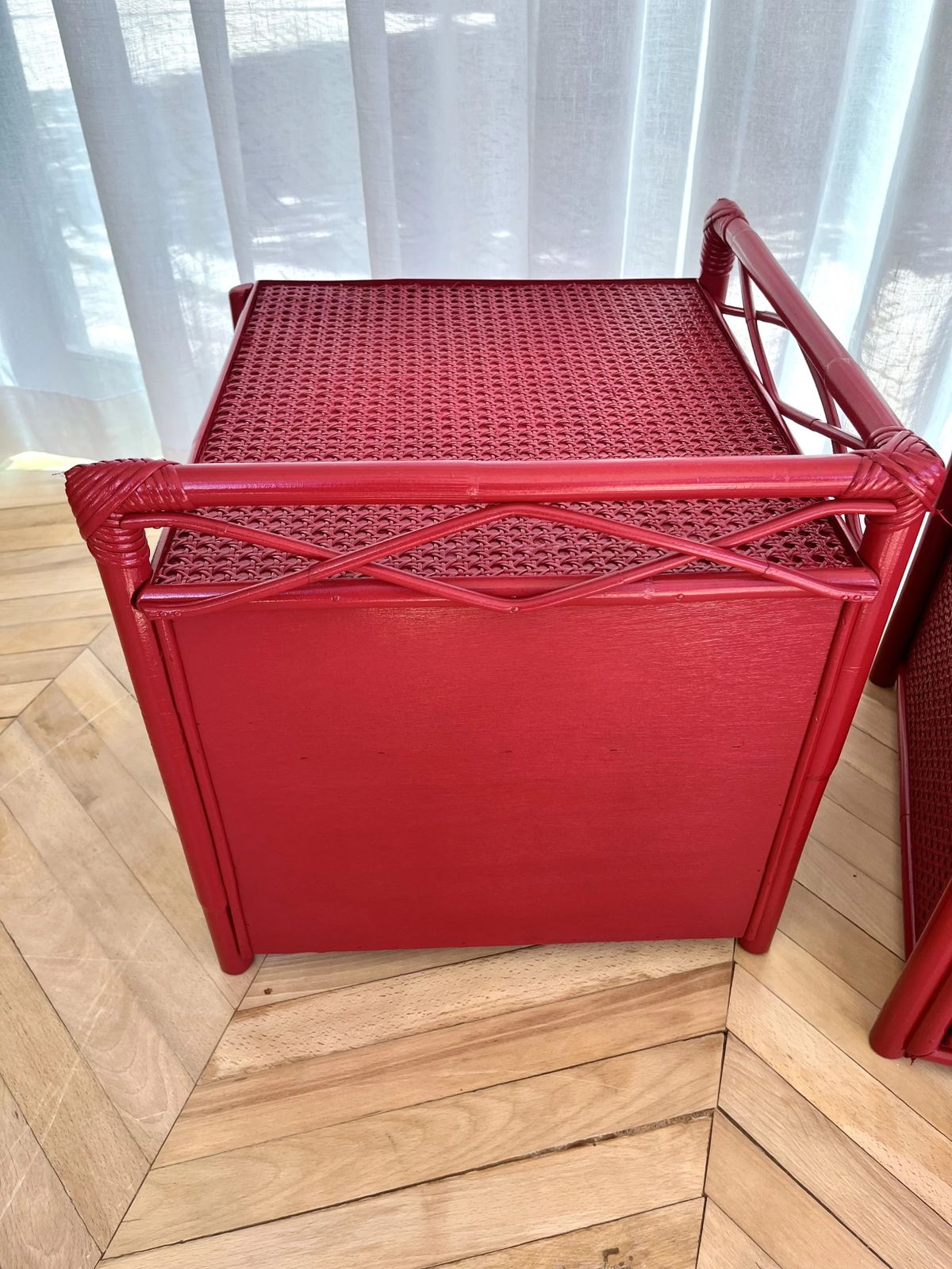 Furniture Pair Of Red Lacquered, Bamboo And Cane Bedside Cabinets photo