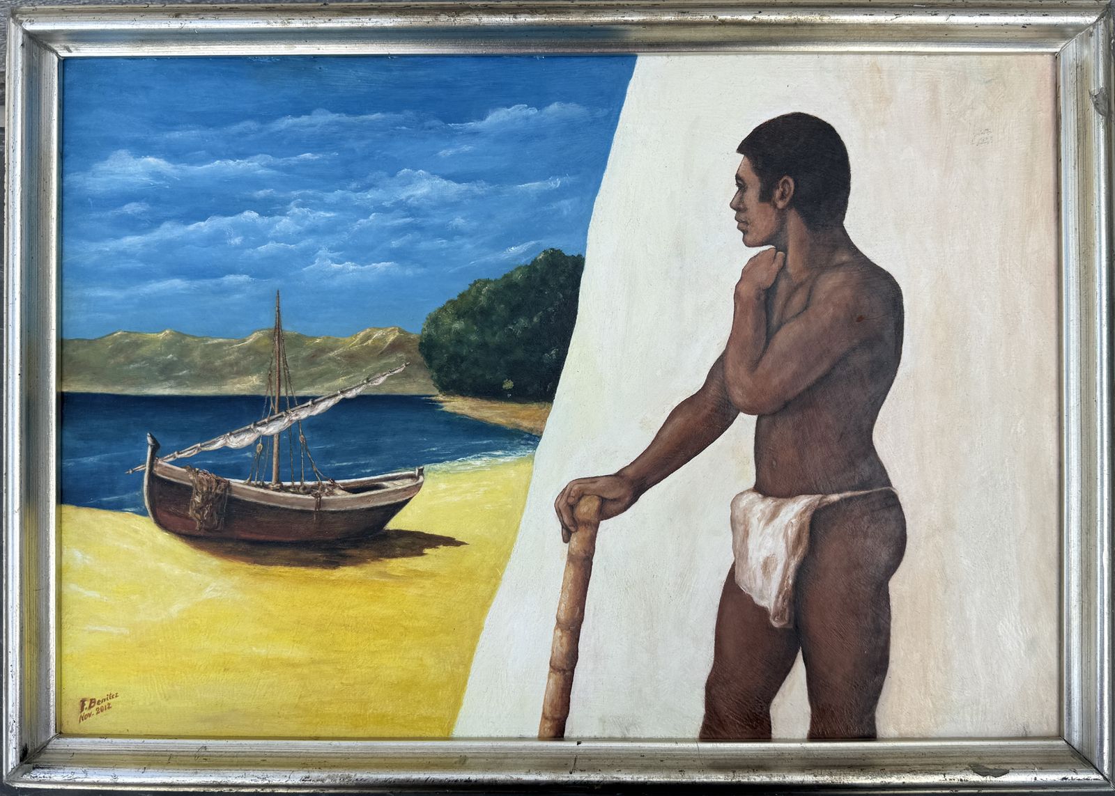 Mediterraan mannelijk naakt bij boot, Sitges School, figuratief kustlandschap, olieverf 2012