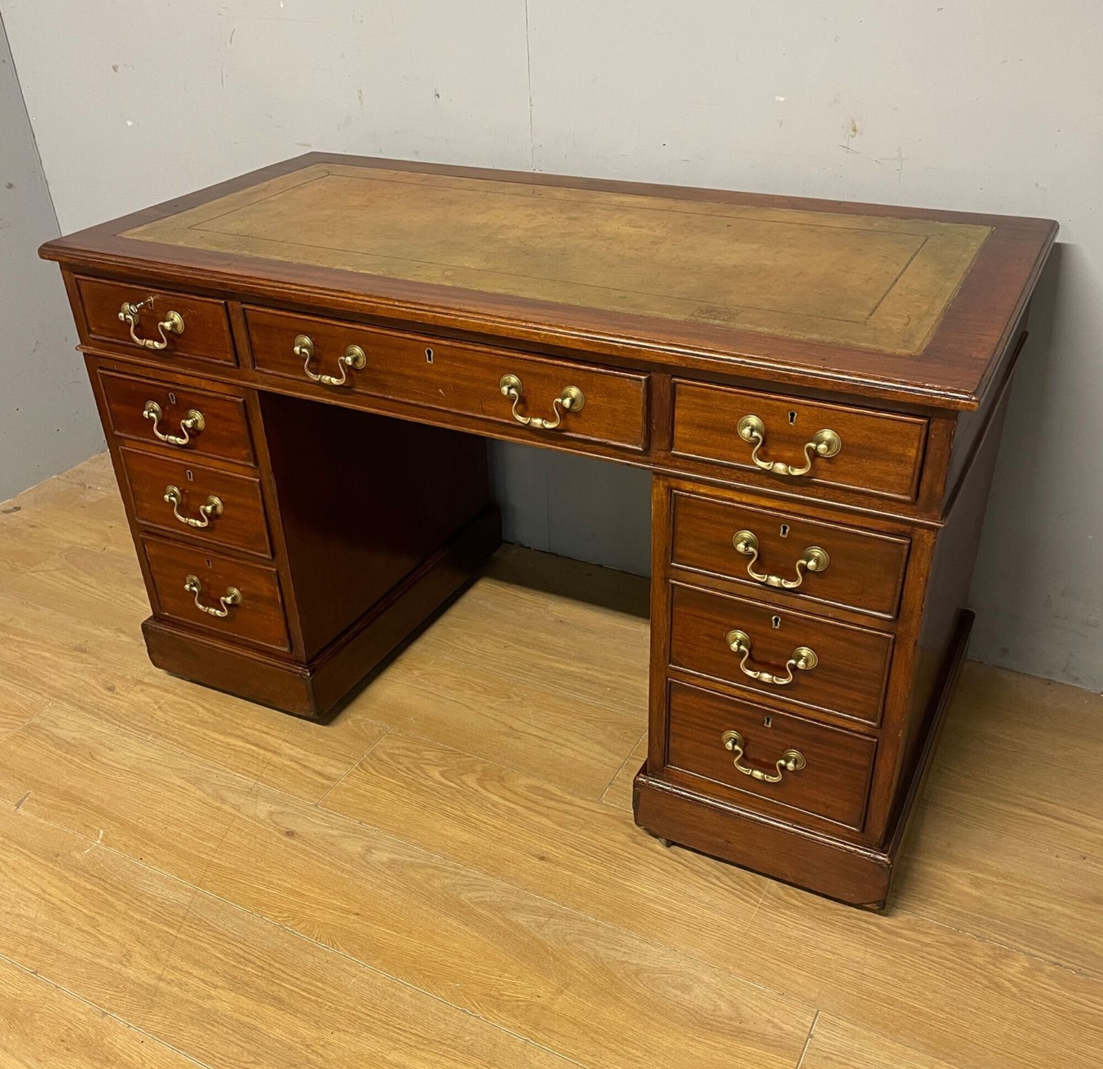Edwardian Mahogany Pedestal Three Part Desk With A Tooled Leather photo furniture
