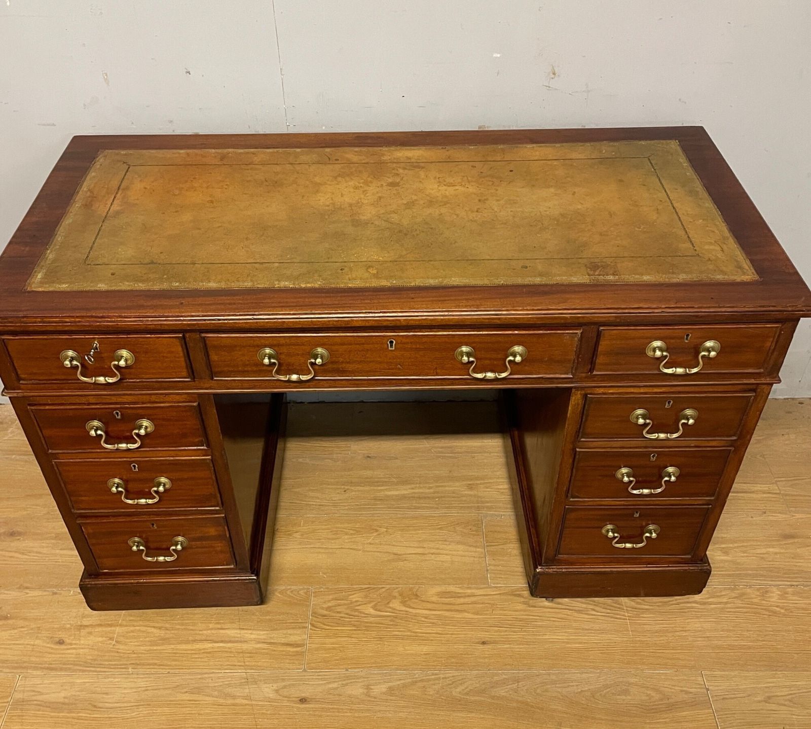 Edwardian Mahogany Pedestal Three Part Desk With A Tooled Leather photo for sale