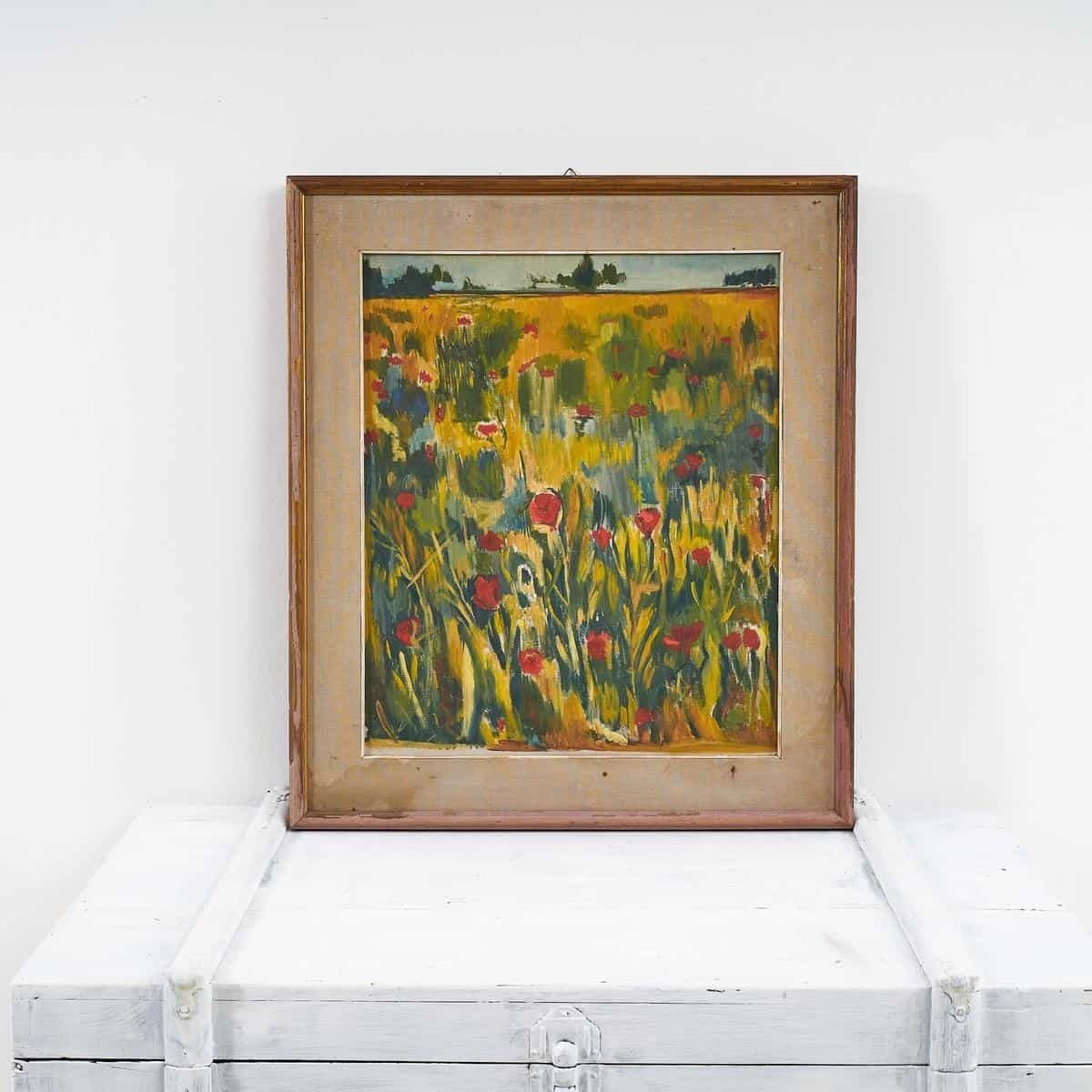 Oil On Canvas Flowering Fields Oil Painting Of Poppy Field, 1970s