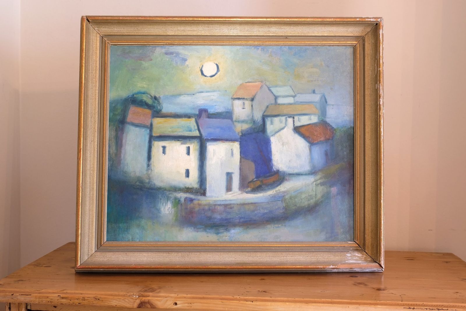 Colourful Pastel Harbour Scene – Mid 20th Century Expressive Coastal Painting photo for sale