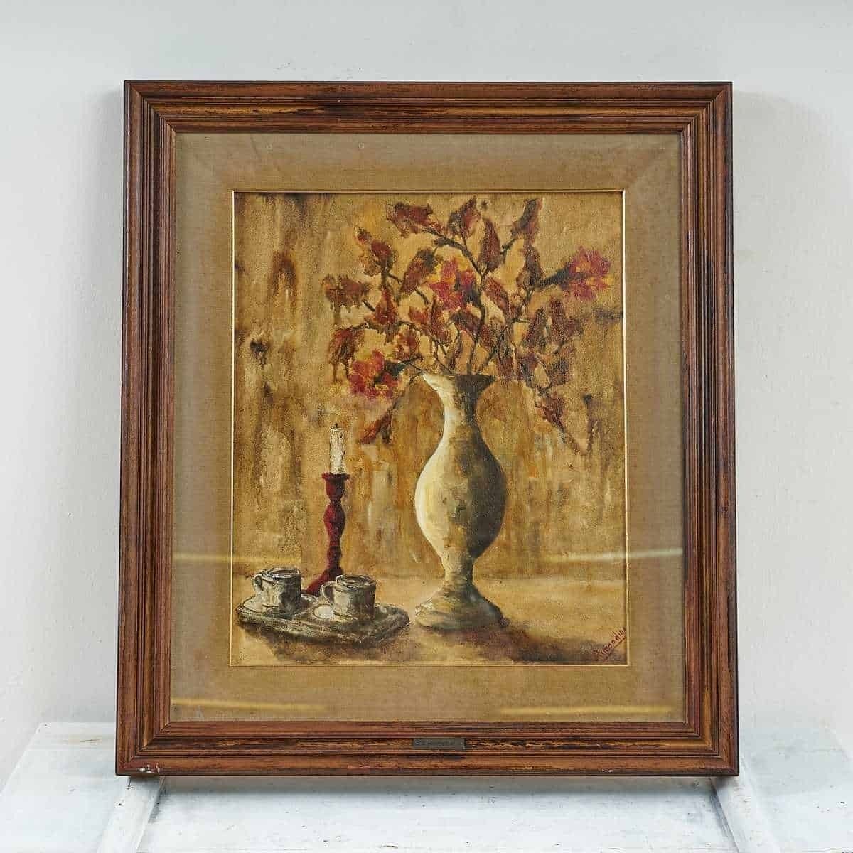 Oil On Canvas White Vase Adorned With Autumn Leaves By A. Rimondini
