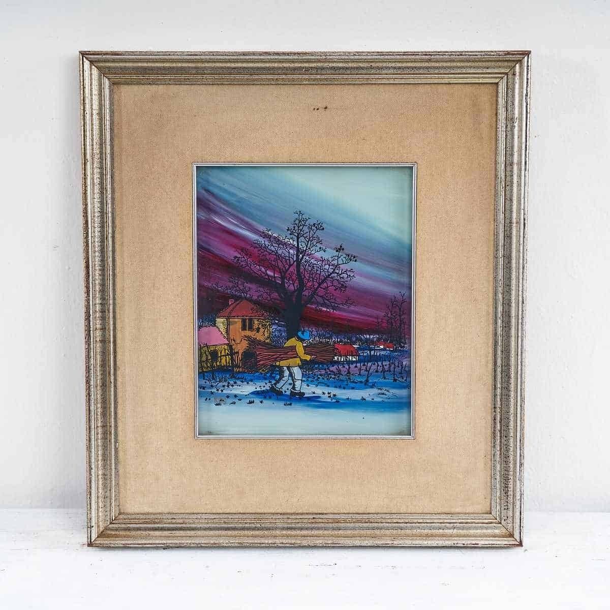 Mixed Media Vintage Artistic Frame With Painting On Panel, 1970s
