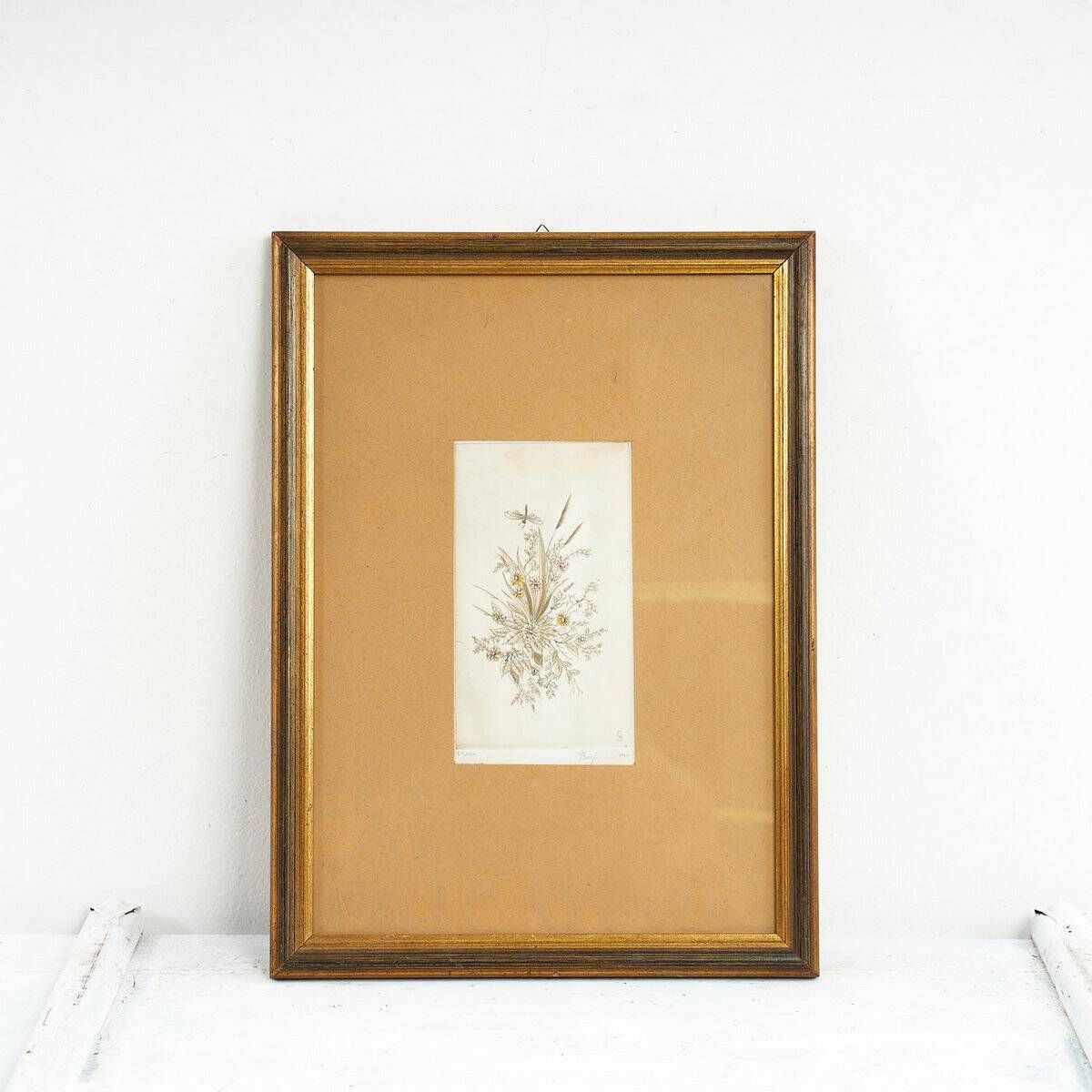 Lithograph With Golden Frame Of Flowers, Unidentified Signature, 1980s