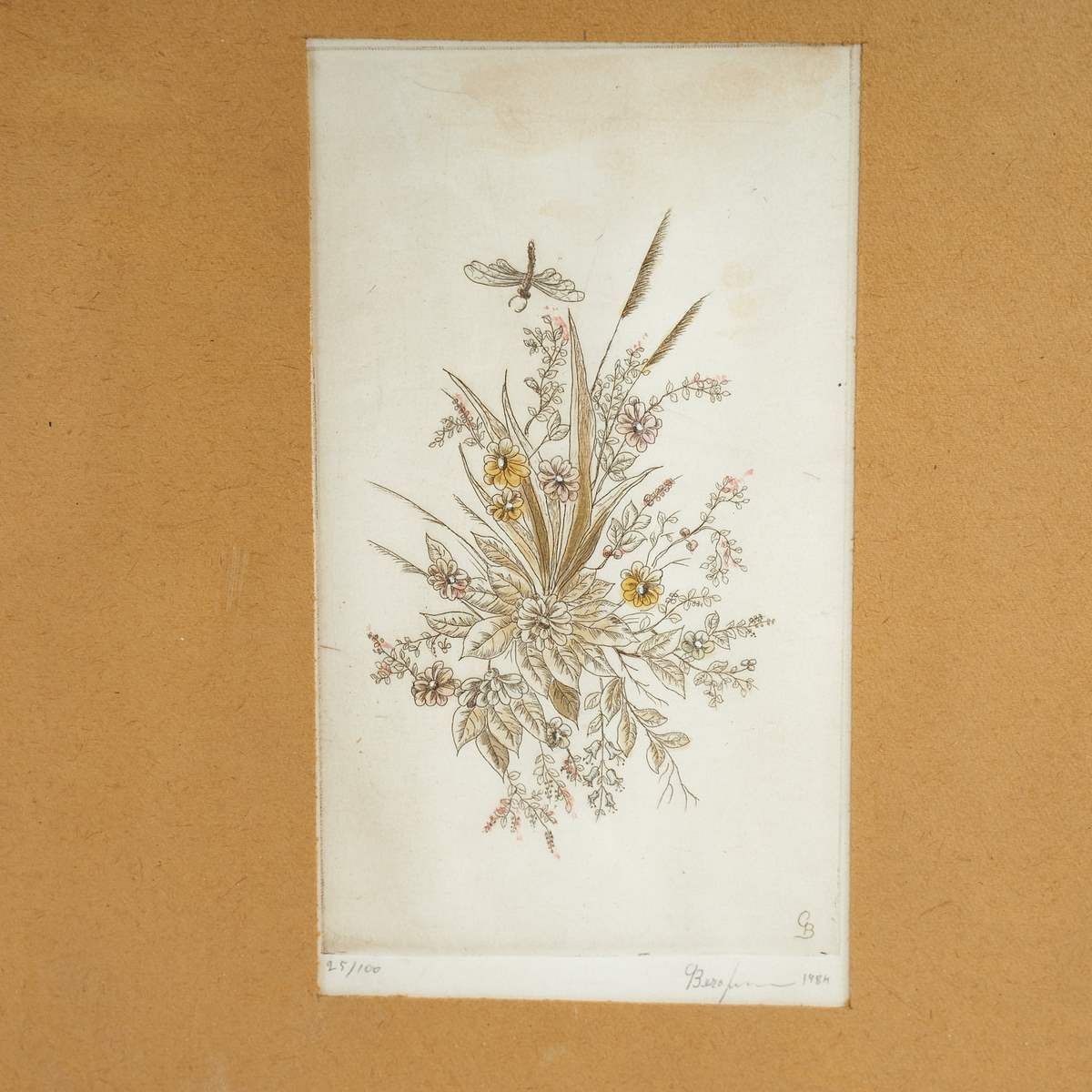 Lithograph With Golden Frame Of Flowers, Unidentified Signature, 1980s photo furniture