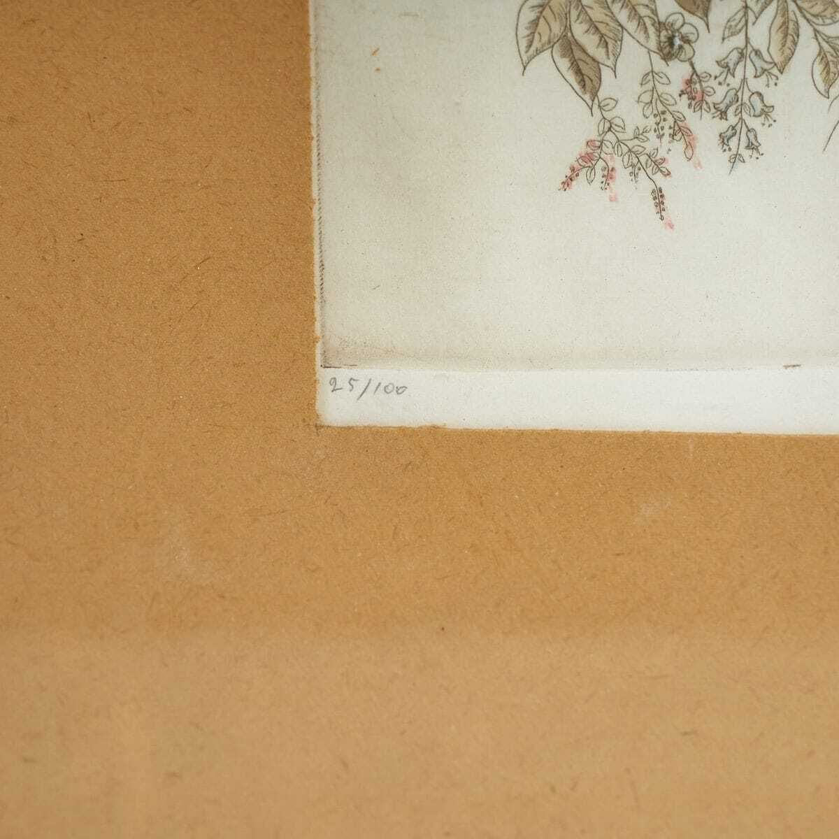 Lithograph With Golden Frame Of Flowers, Unidentified Signature, 1980s photo Art