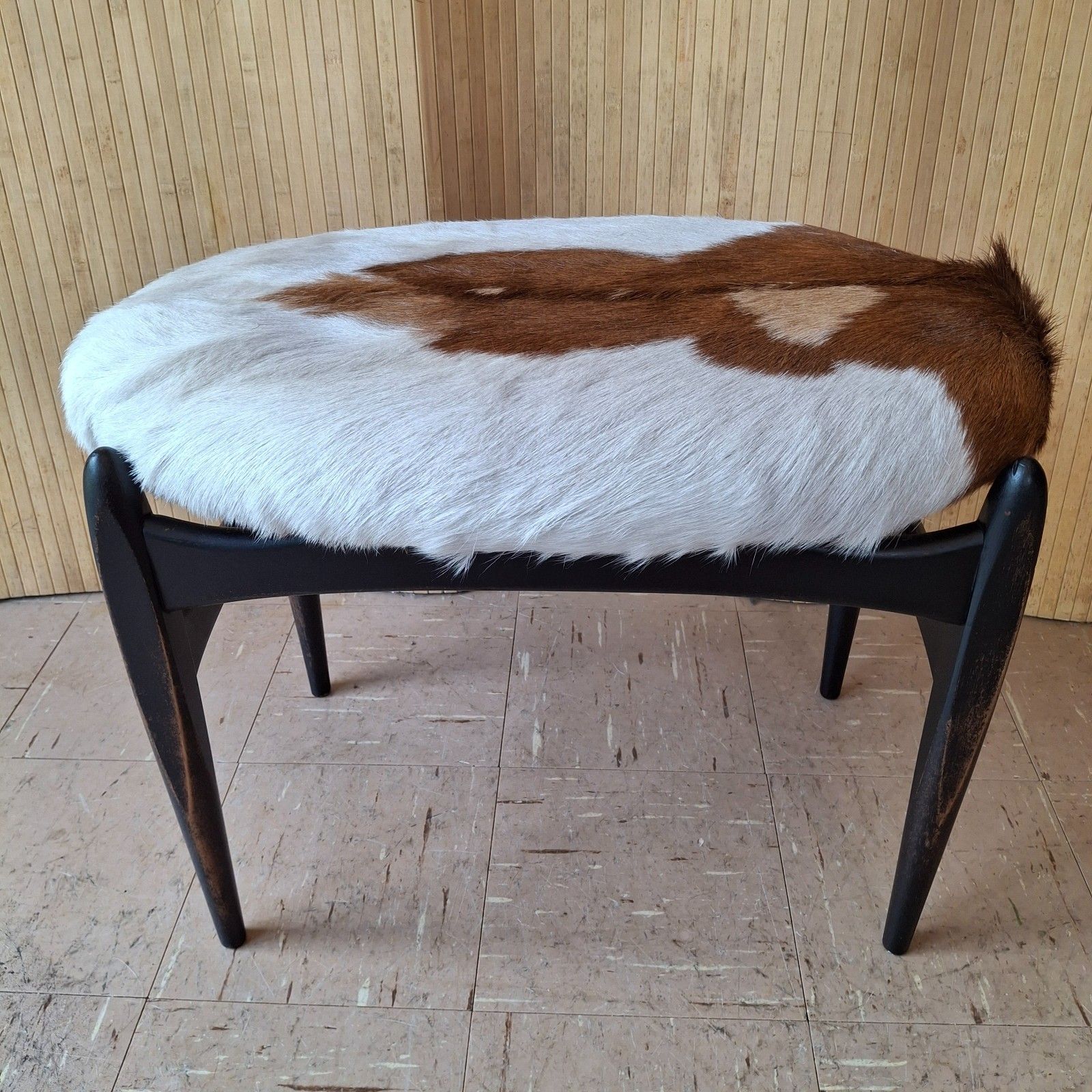 Fab Vintage Mid Century Elliotts Of Newbury Teak Dressing Table Stool Goatskin photo for sale