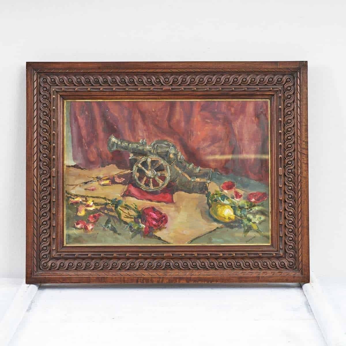 Oil Painting By Puggioli, Fascinating With Antique Cannon, 1950s