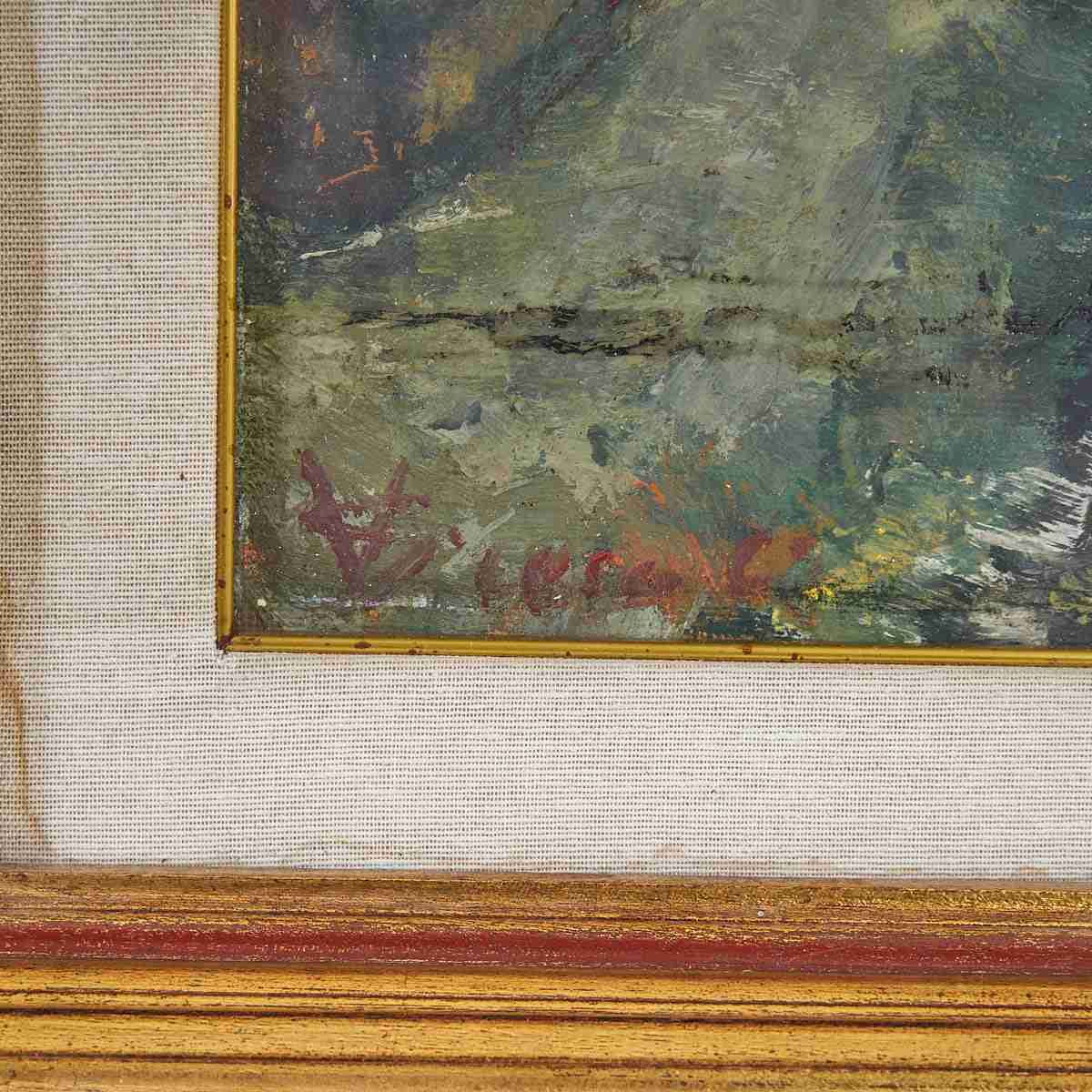 Oil On Panel Fresco Of Vintage Architecture, 1950s photo vinterior
