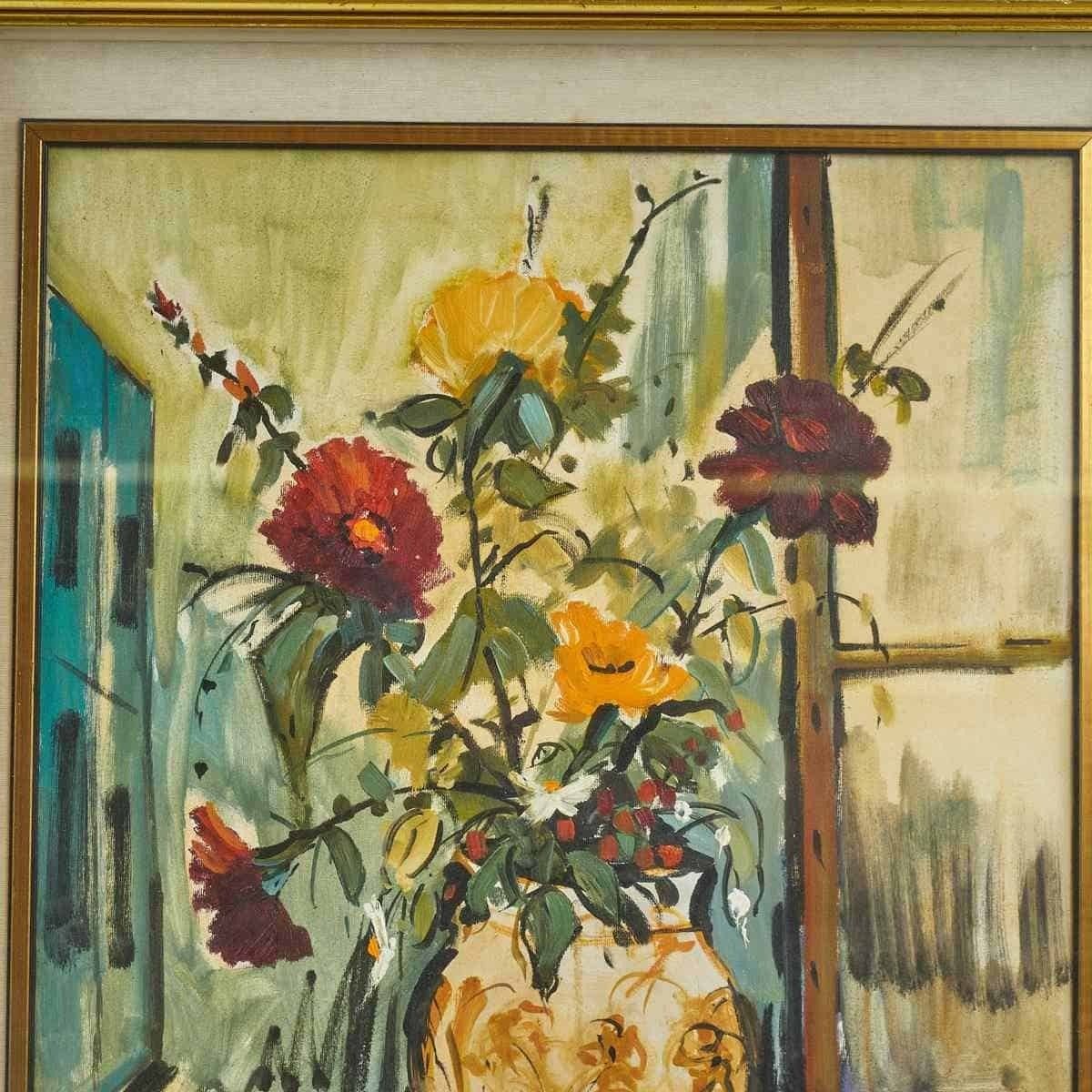 Vintage Oil On Canvas, Vase With Flowers With Golden Wooden Frame photo for sale