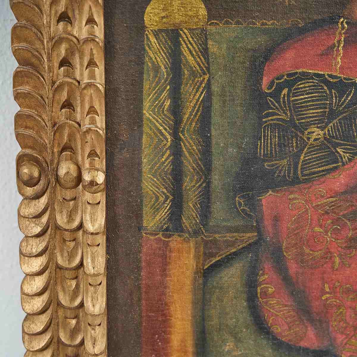 Oil On Antique Canvas “Virgin Girl Spinner”, Cuzco School, Work With Splendid Golden Frame photo Art