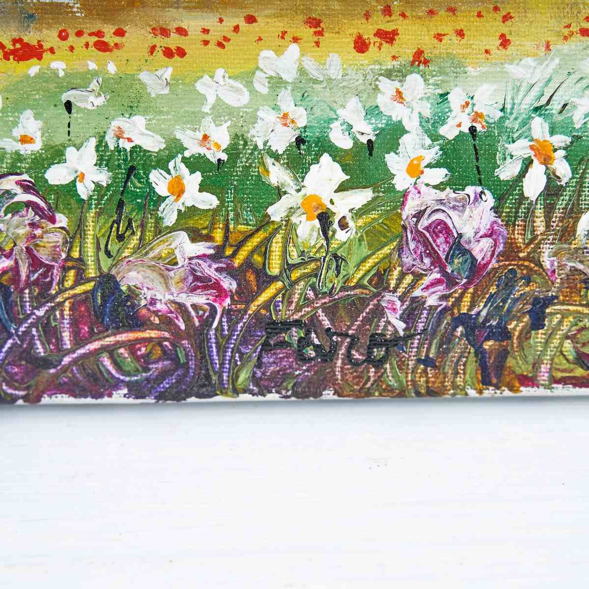 Oil On Vintage Canvas, Field Of Flowers photo for sale