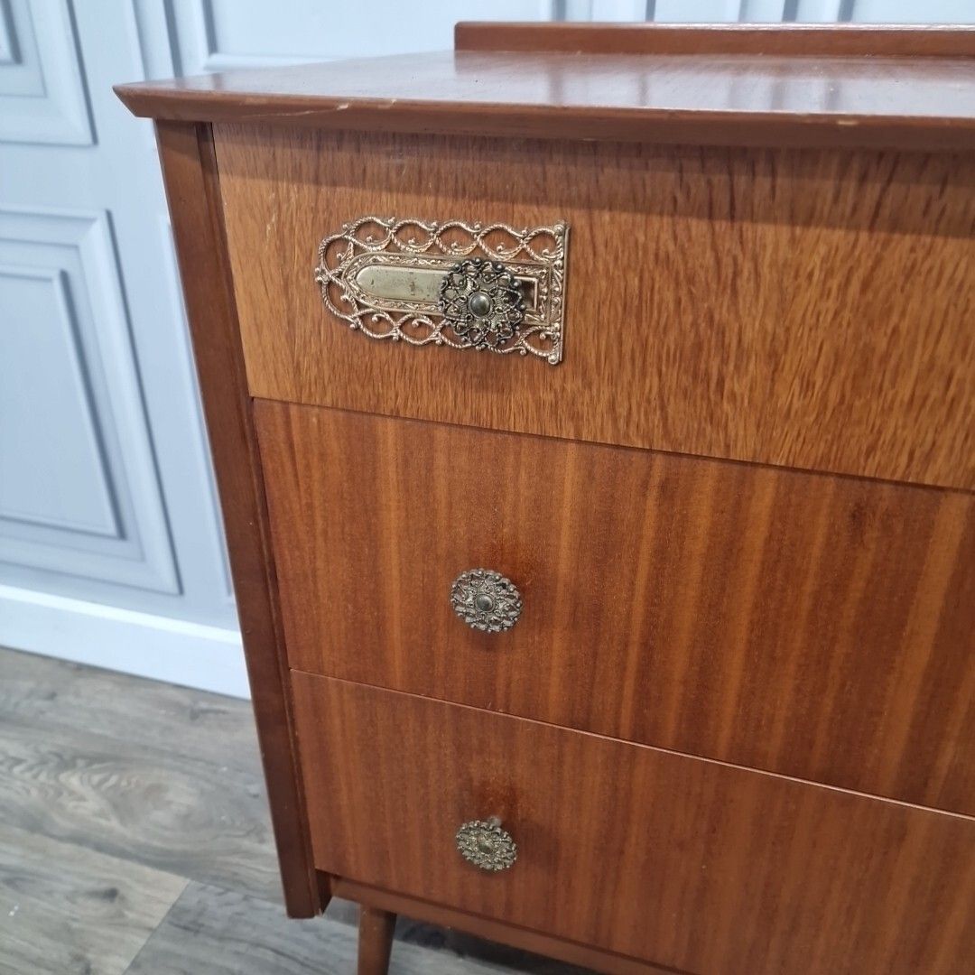 Vintage Retro Mid Century Chest Of 3 Drawers Commode Atomic Legs Teak Scandi photo Furniture