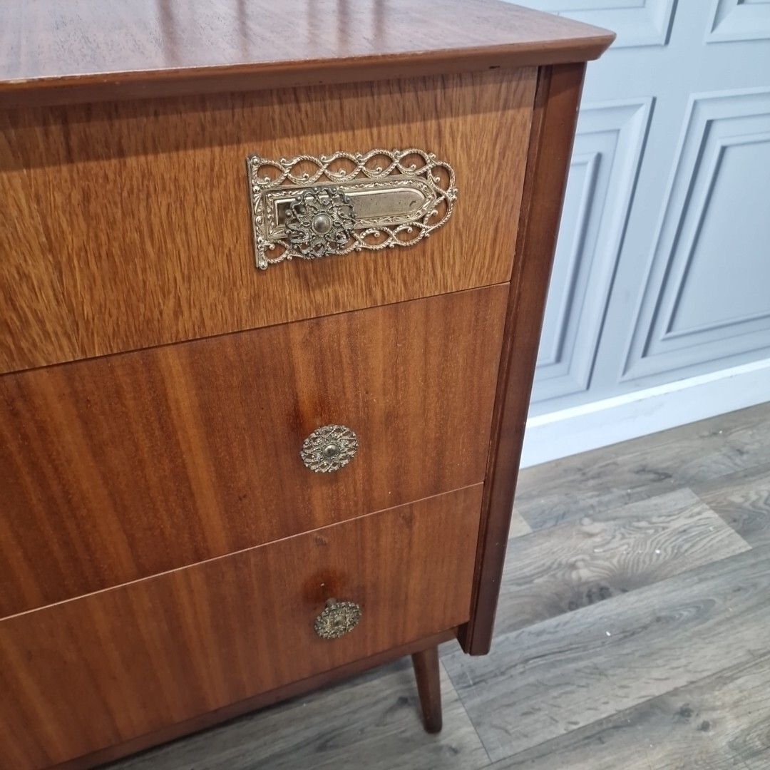 Vintage Retro Mid Century Chest Of 3 Drawers Commode Atomic Legs Teak Scandi photo 230.0