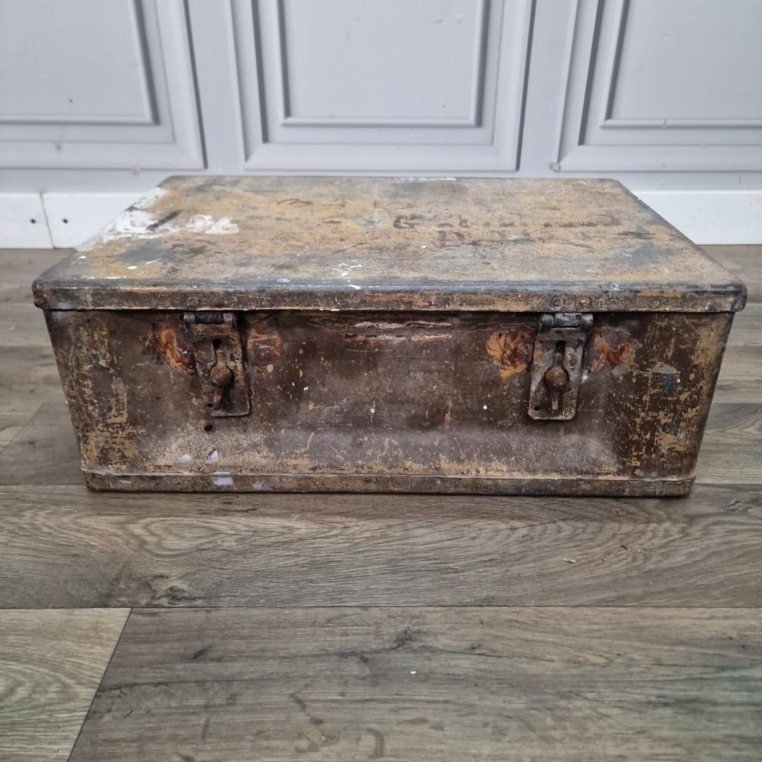 Vintage Heavy Metal Trunk Military Box Storage Chest Coffee Table Case Tool Ammo photo for sale