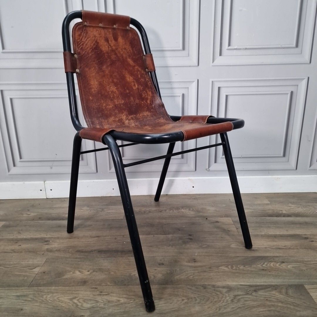 Vintage Metal Leather Chair Les Arcs Saddle Industrial Charlotte Perriand photo furniture