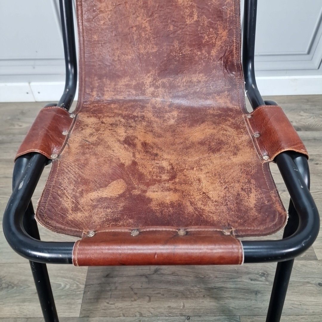 Vintage Metal Leather Chair Les Arcs Saddle Industrial Charlotte Perriand photo Furniture