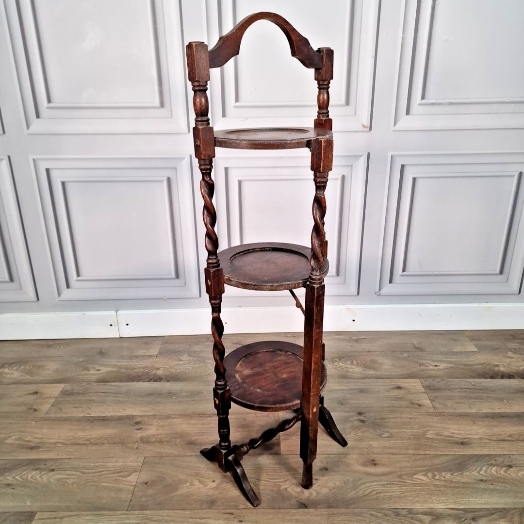 Antique Barley Twist 3 Tiered Fixed Muffineer Cake Plant Stand Wooden Solid Oak