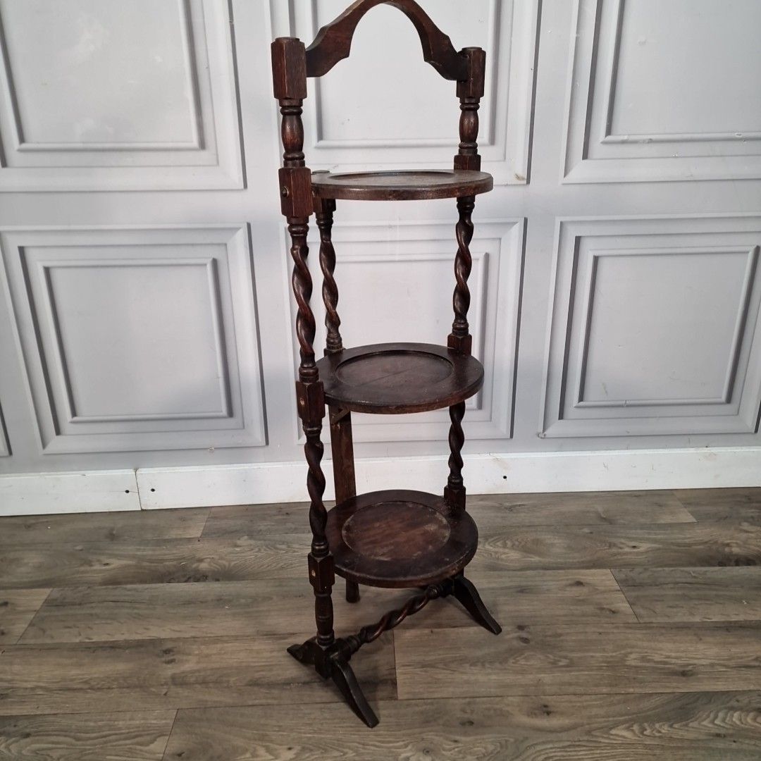 Antique Barley Twist 3 Tiered Fixed Muffineer Cake Plant Stand Wooden Solid Oak photo for sale