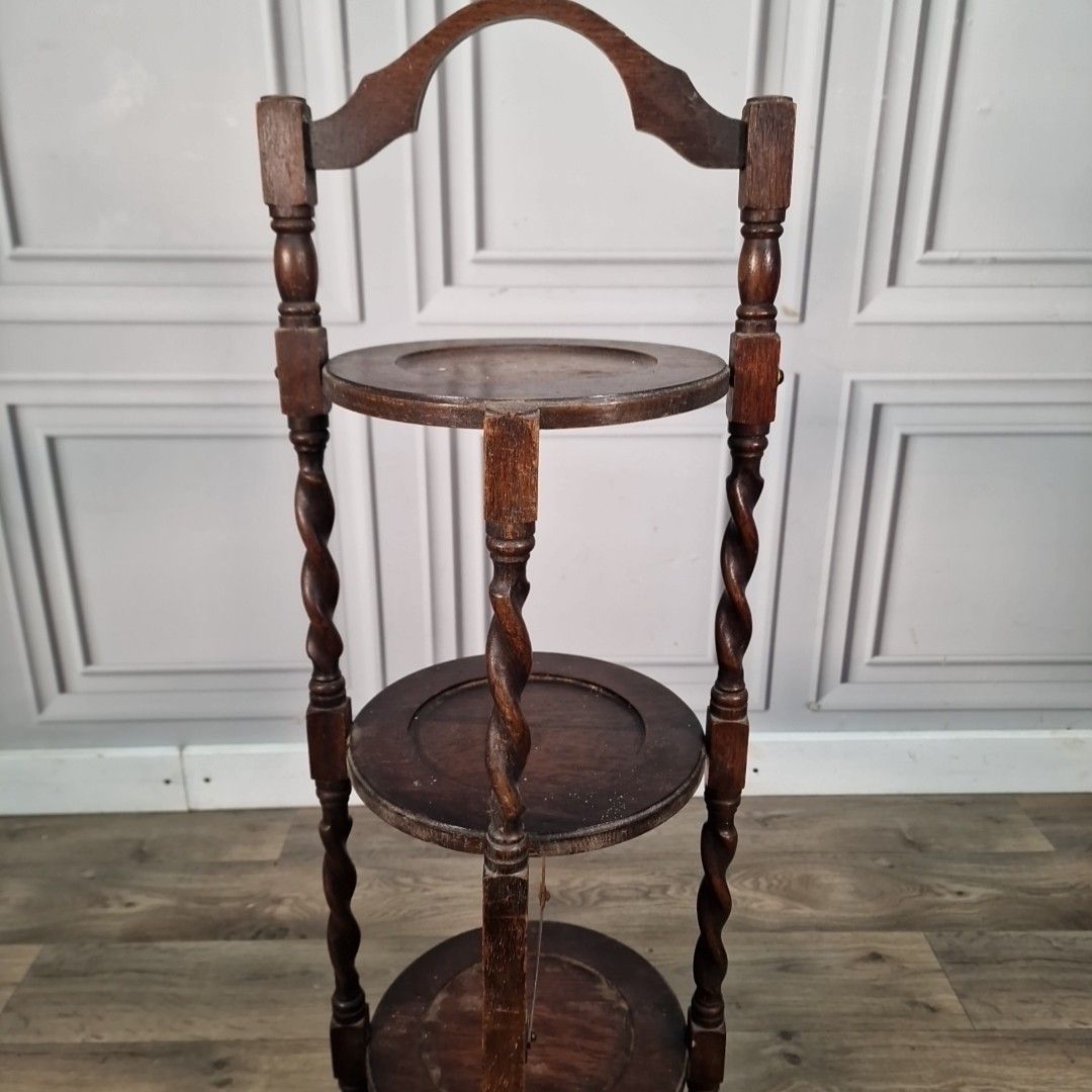 Antique Barley Twist 3 Tiered Fixed Muffineer Cake Plant Stand Wooden Solid Oak photo 60.0