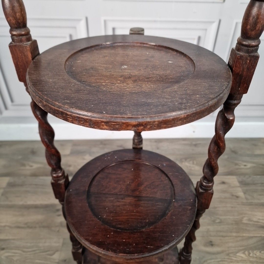 Antique Barley Twist 3 Tiered Fixed Muffineer Cake Plant Stand Wooden Solid Oak photo vintage
