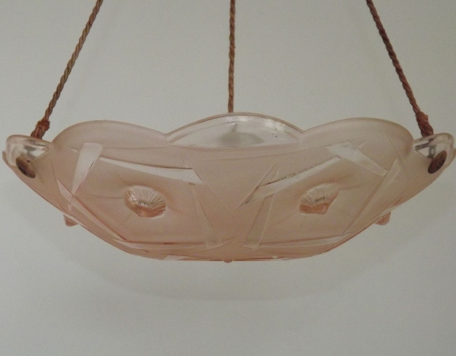 French Art Deco Stamped 1053 Pink Glass Plafonnier Hanging Light Pink Ropes photo buy
