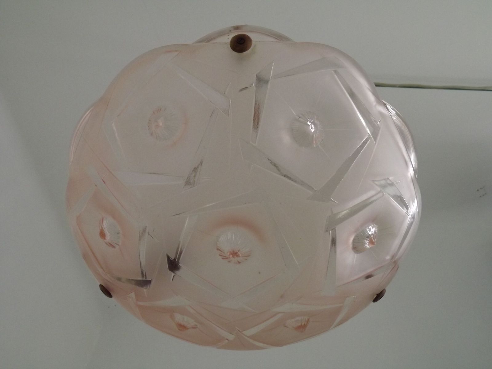 photo for sale French Art Deco Stamped 1053 Pink Glass Plafonnier Hanging Light Pink Ropes