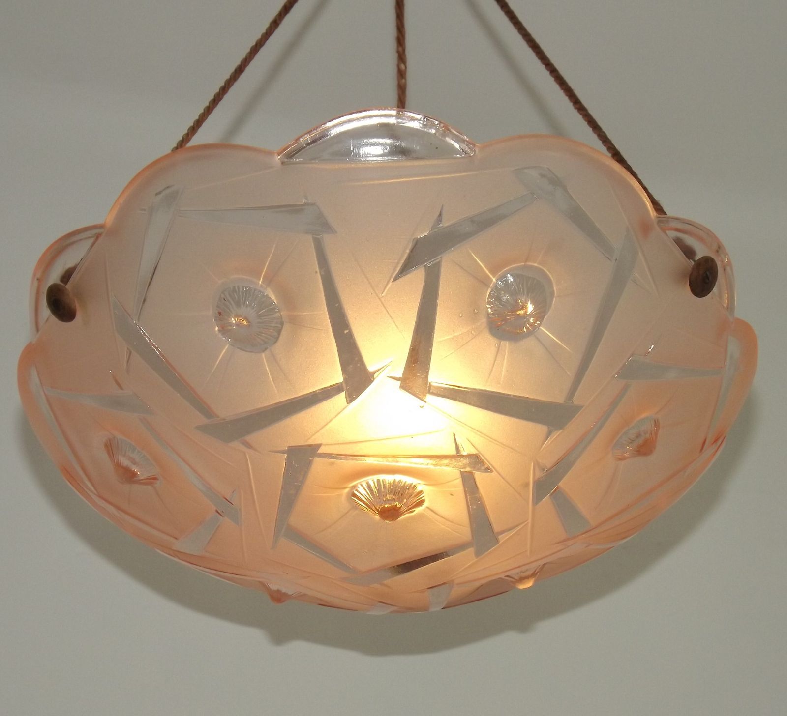French Art Deco Stamped 1053 Pink Glass Plafonnier Hanging Light Pink Ropes photo Lighting